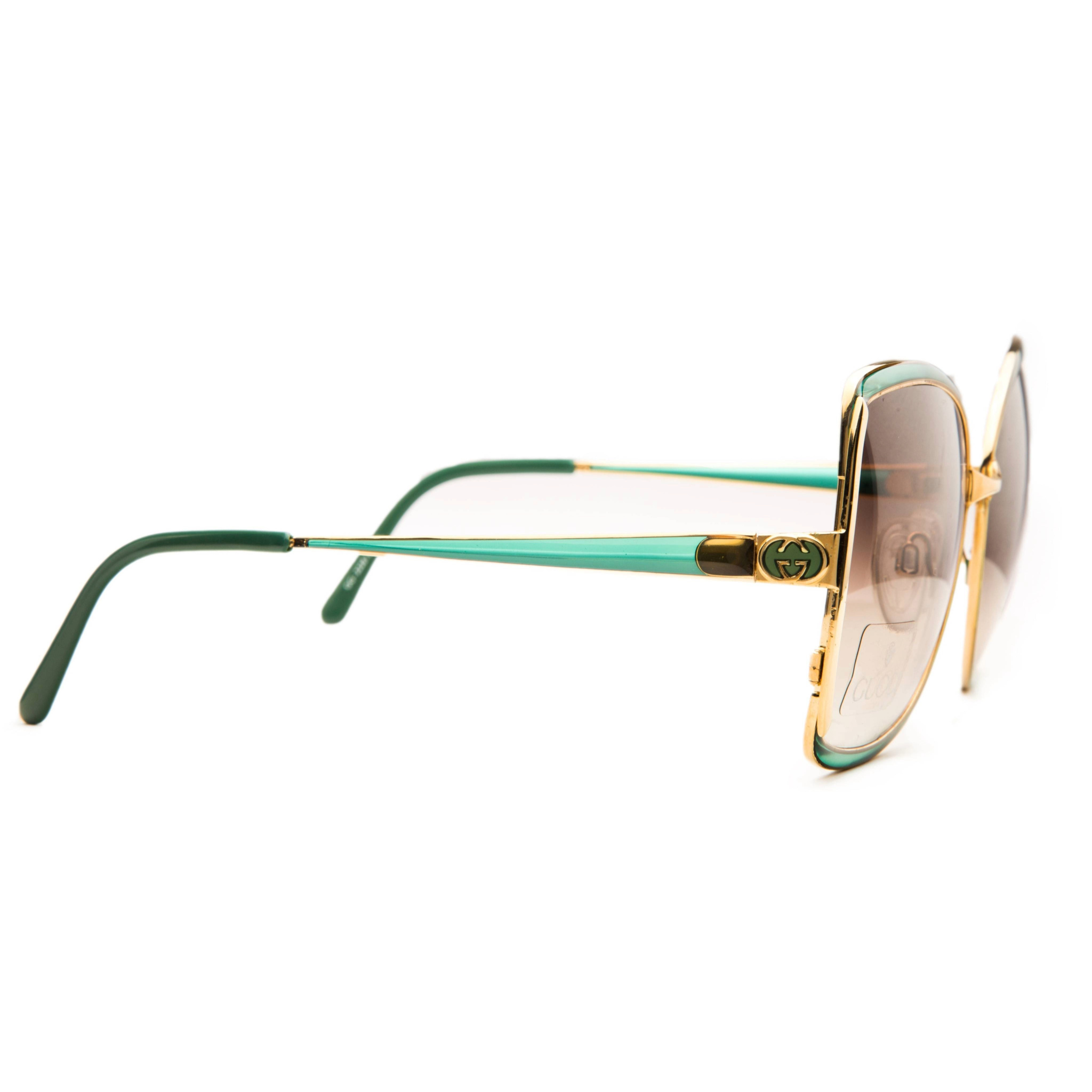Authentic Vintage Gucci 377909 Oversized Sunglasses in Green and Gold Frame with Brown Lens for Women