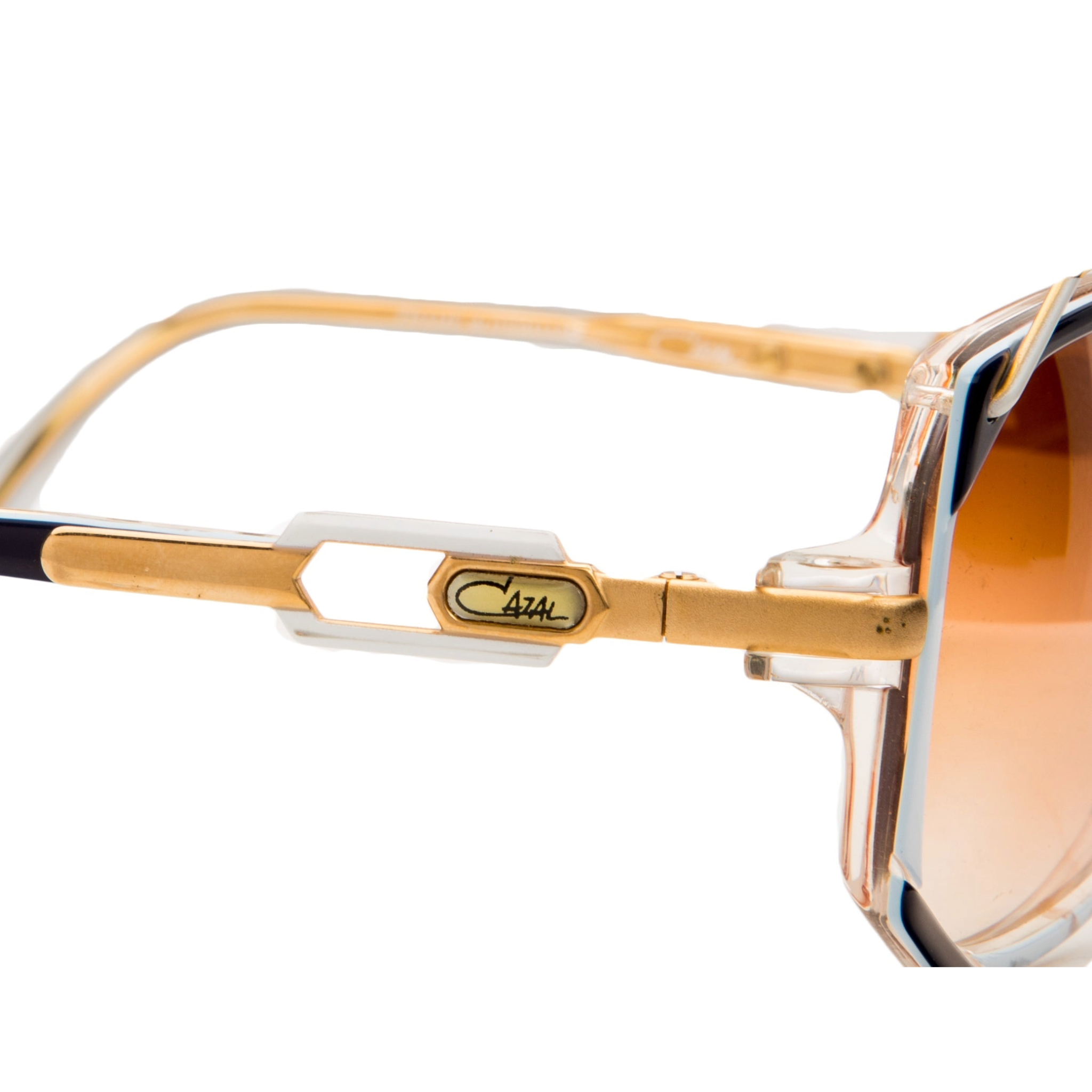 Vintage Cazal Square 188 sunglasses featuring gold blue combination frame, brown gradient lenses, and 100% UV protection for women
