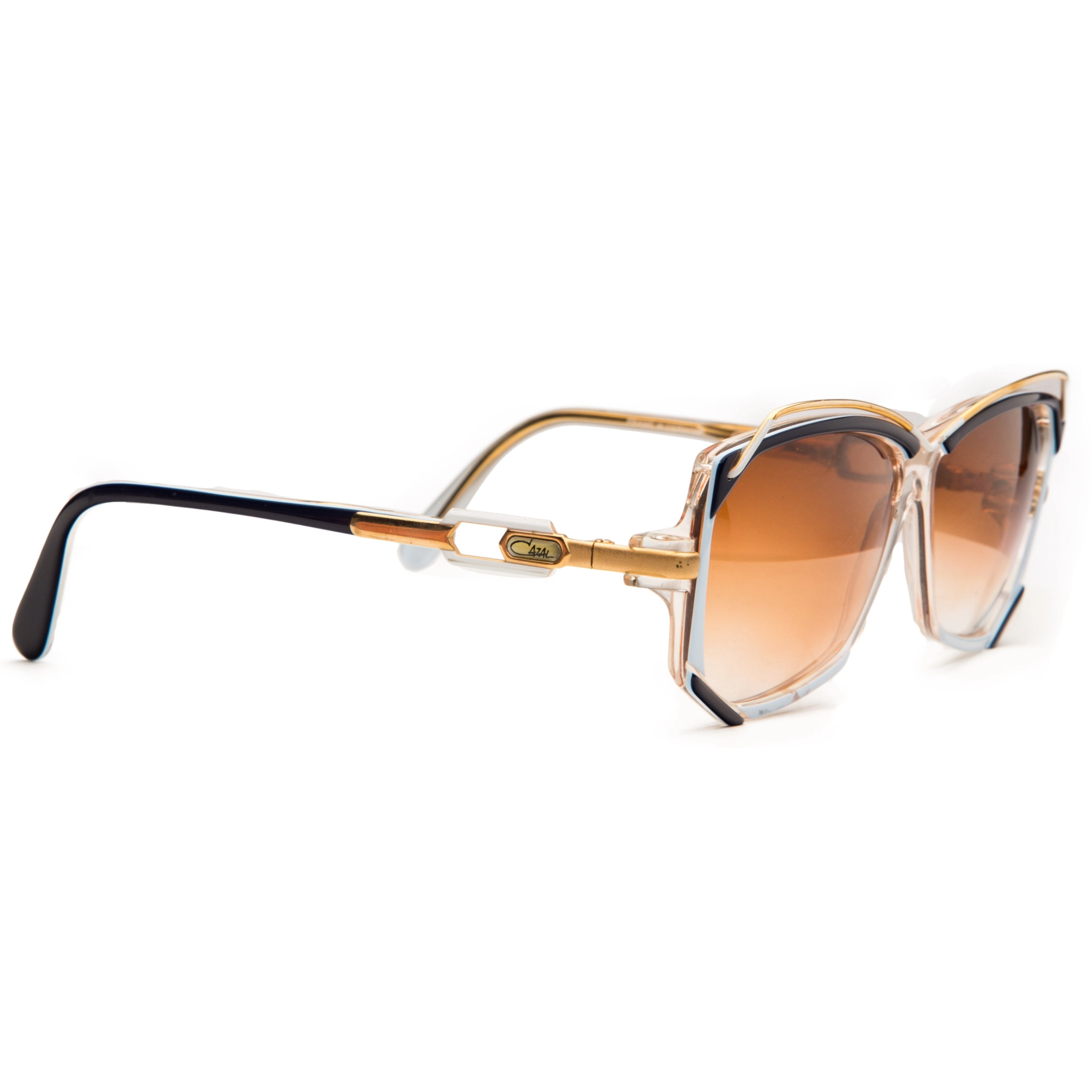 Authentic never before worn Vintage Cazal Square 188 sunglasses with gold blue combination frame and brown gradient lenses for women