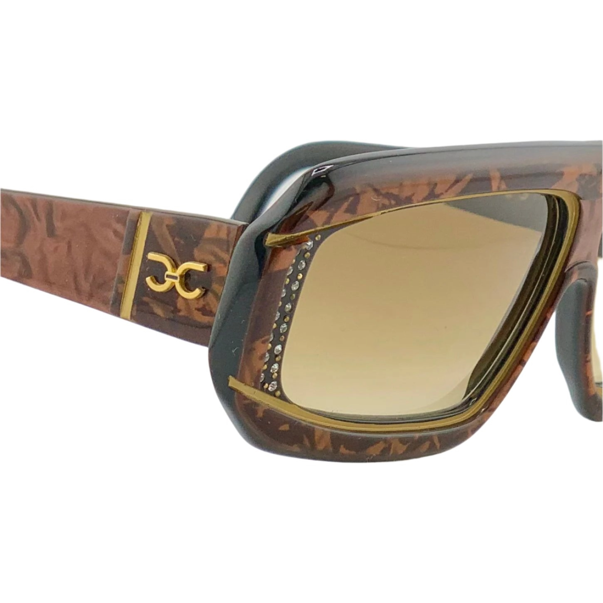Black rectangular sunglasses with flat brow and zesty orange lenses