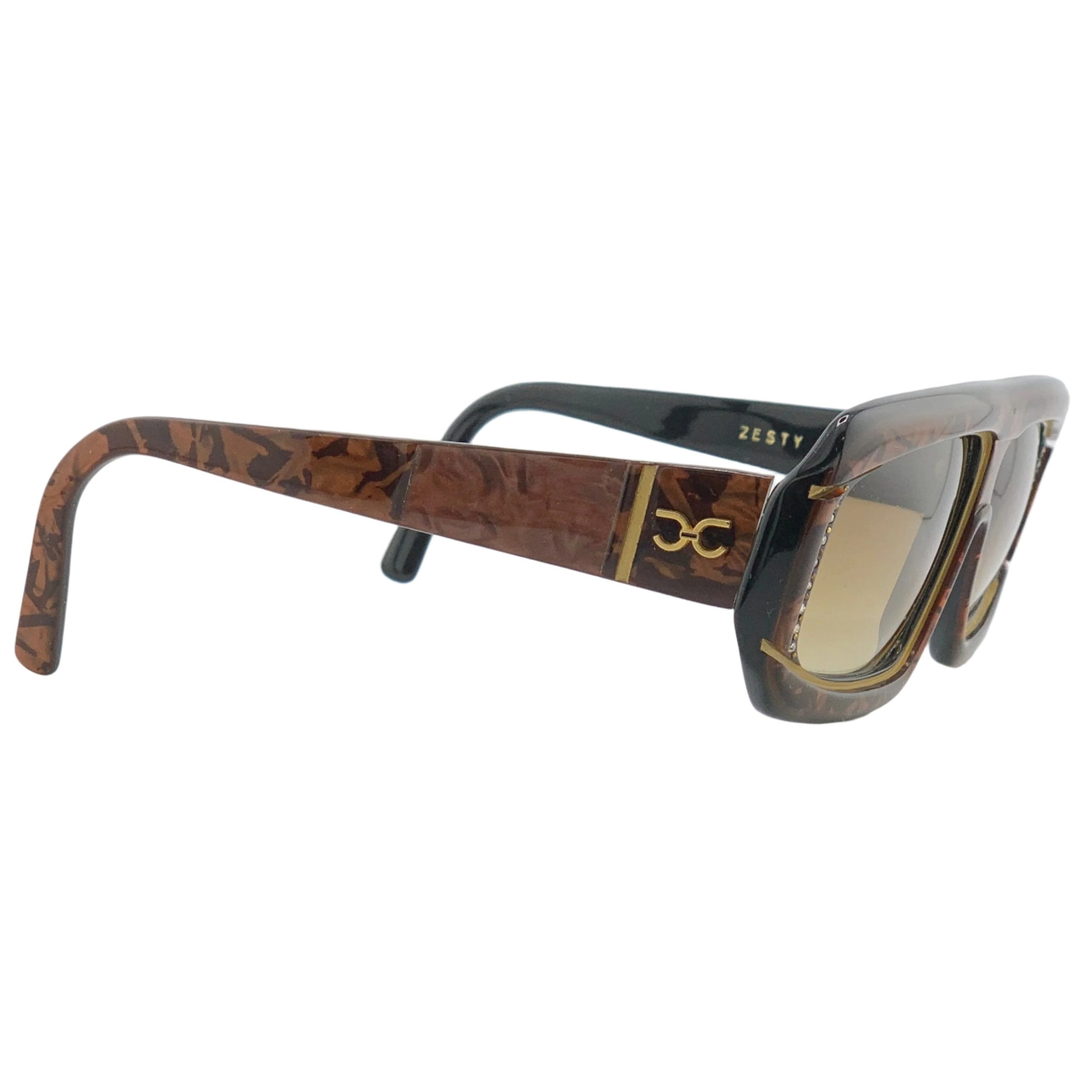Black rectangular sunglasses with gold detailing and flat brow design