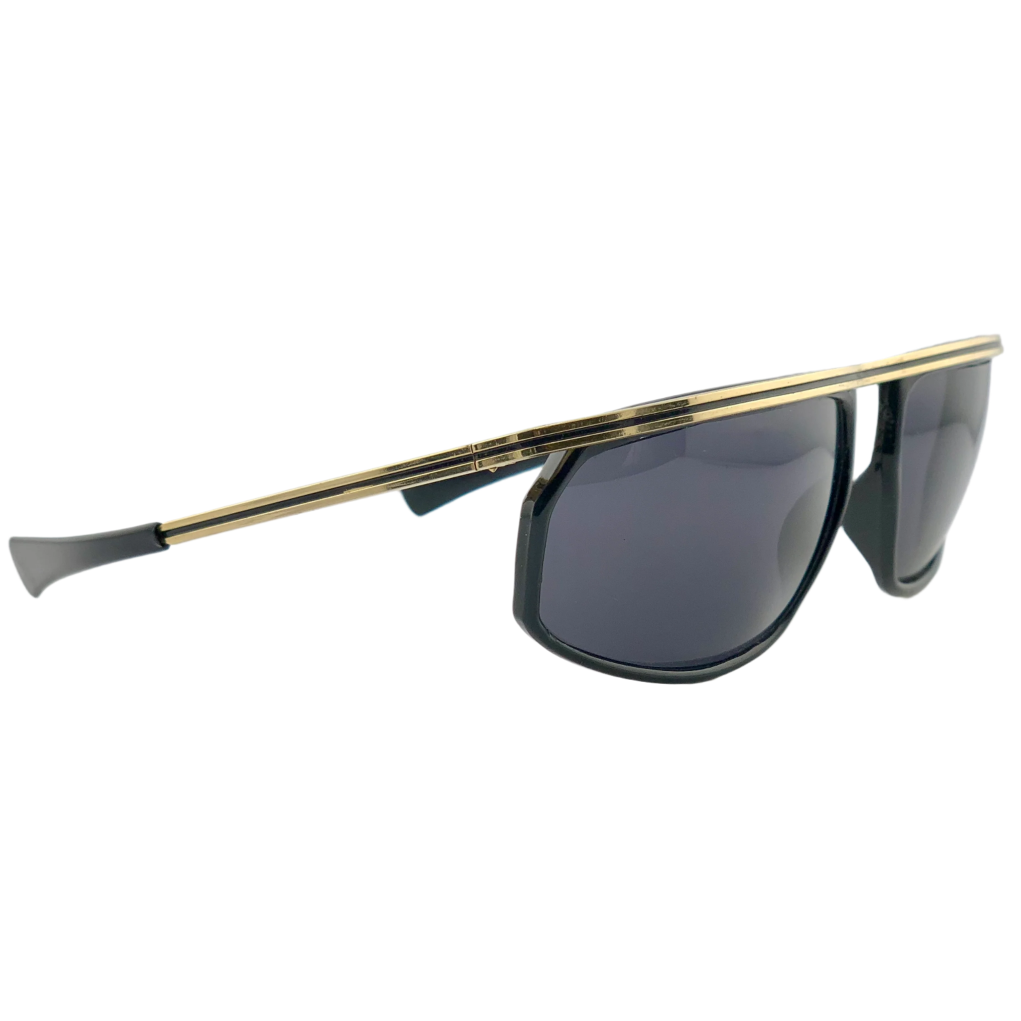 Stylish vintage Linda Farrow Visor 8611 sunglasses suitable for both men and women, featuring a gold frame and grey lenses, made in England and in superb condition, never before worn or sold, authentic and original