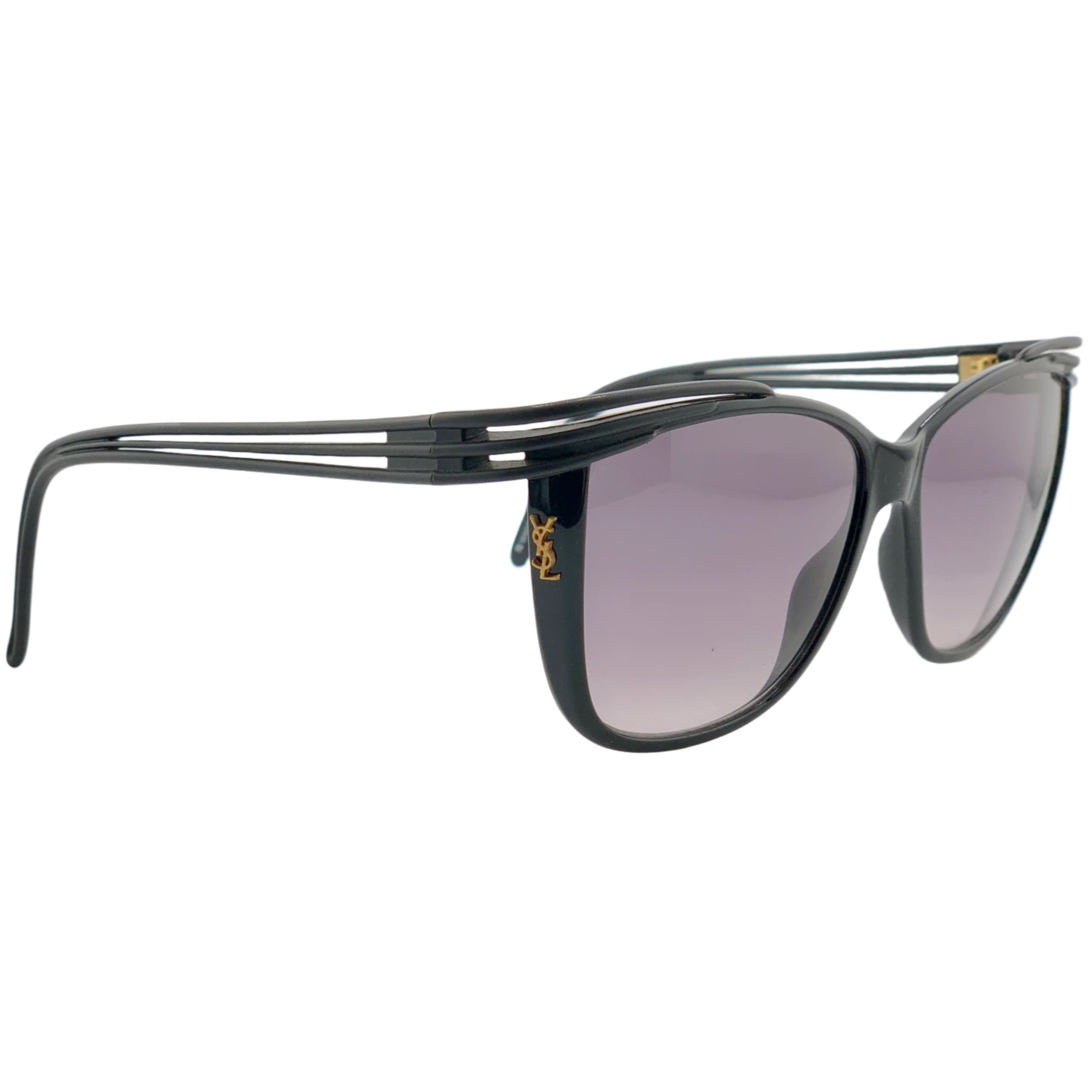 Unworn and authentic Yves Saint Laurent Square 8631 sunglasses, made for men and women, black frame, purple lens, made in France, in superb condition