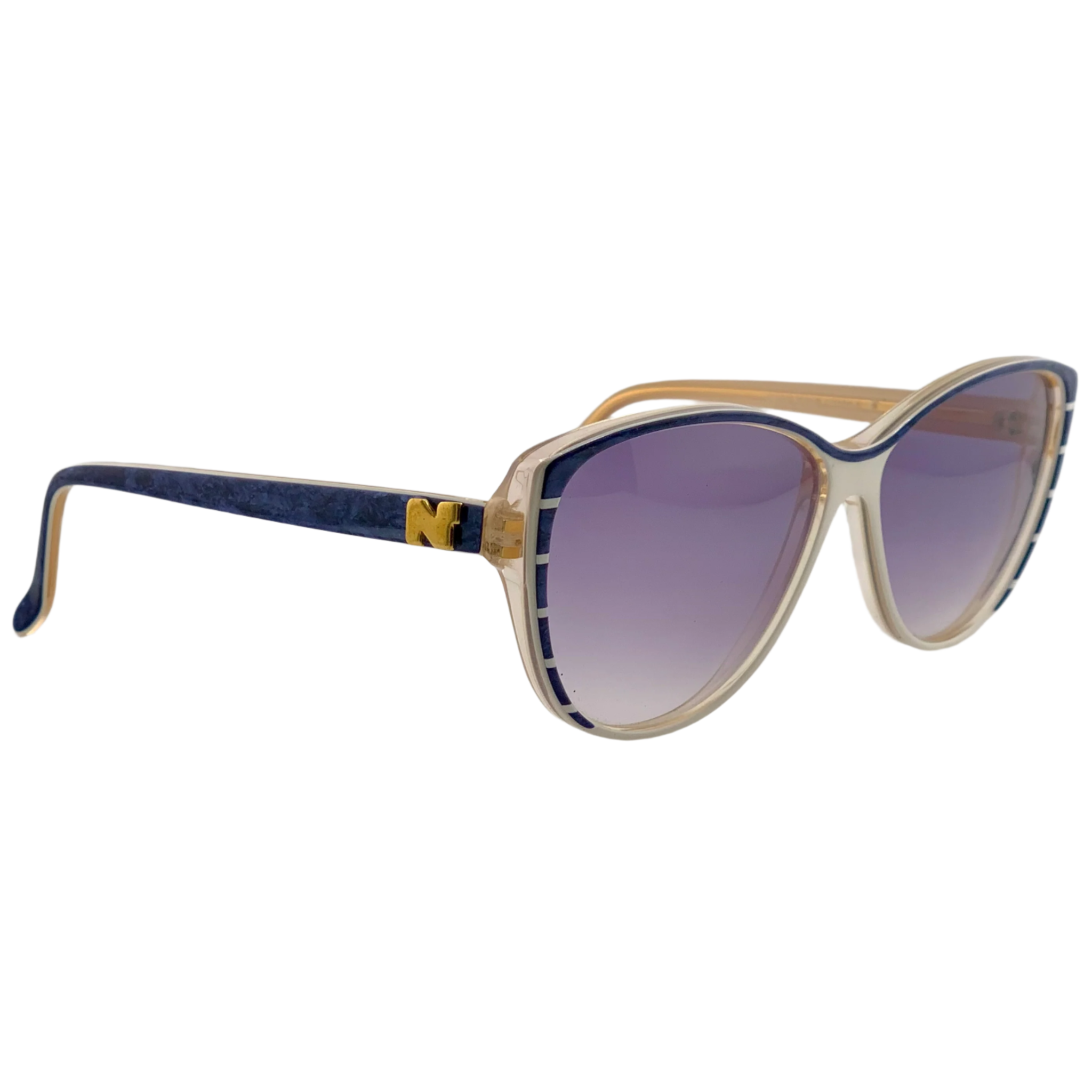 Original vintage Nina Ricci Cat Eye 1032 sunglasses, blue and white frame with purple lenses, made in France, never worn or sold, in superb condition for men and women
