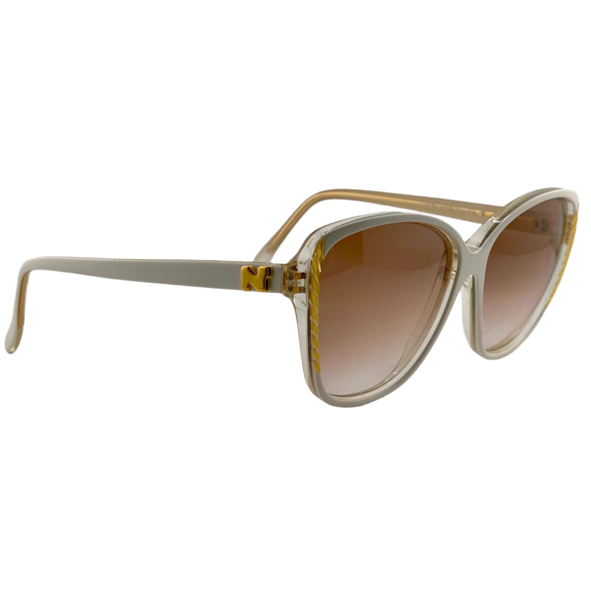 Authentic vintage Nina Ricci Square 1027 sunglasses, unisex, white and gold frame, brown lenses, made in France, superb condition