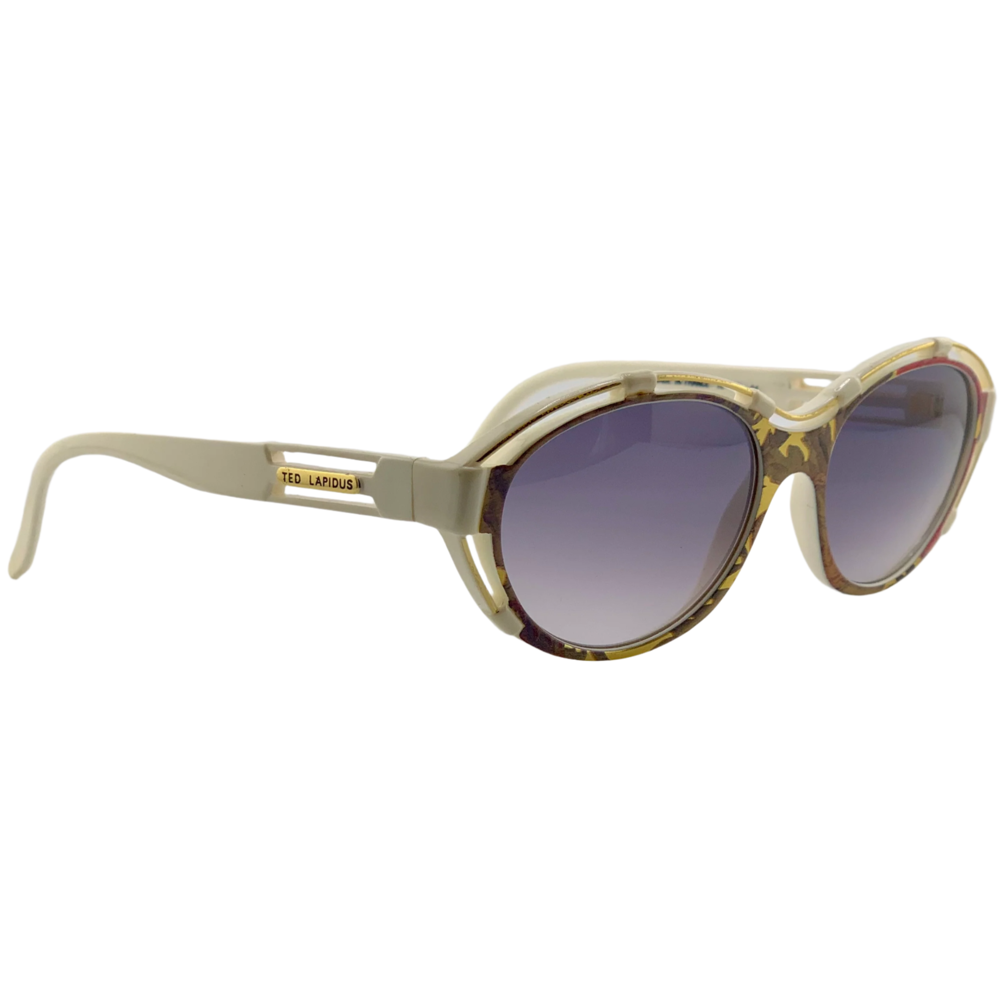 Authentic vintage Ted Lapidus Cat Eye TL25 04 sunglasses, suitable for both men and women Made in France with a white/multi frame and blue lenses These sunglasses have never been worn or sold and are in superb condition