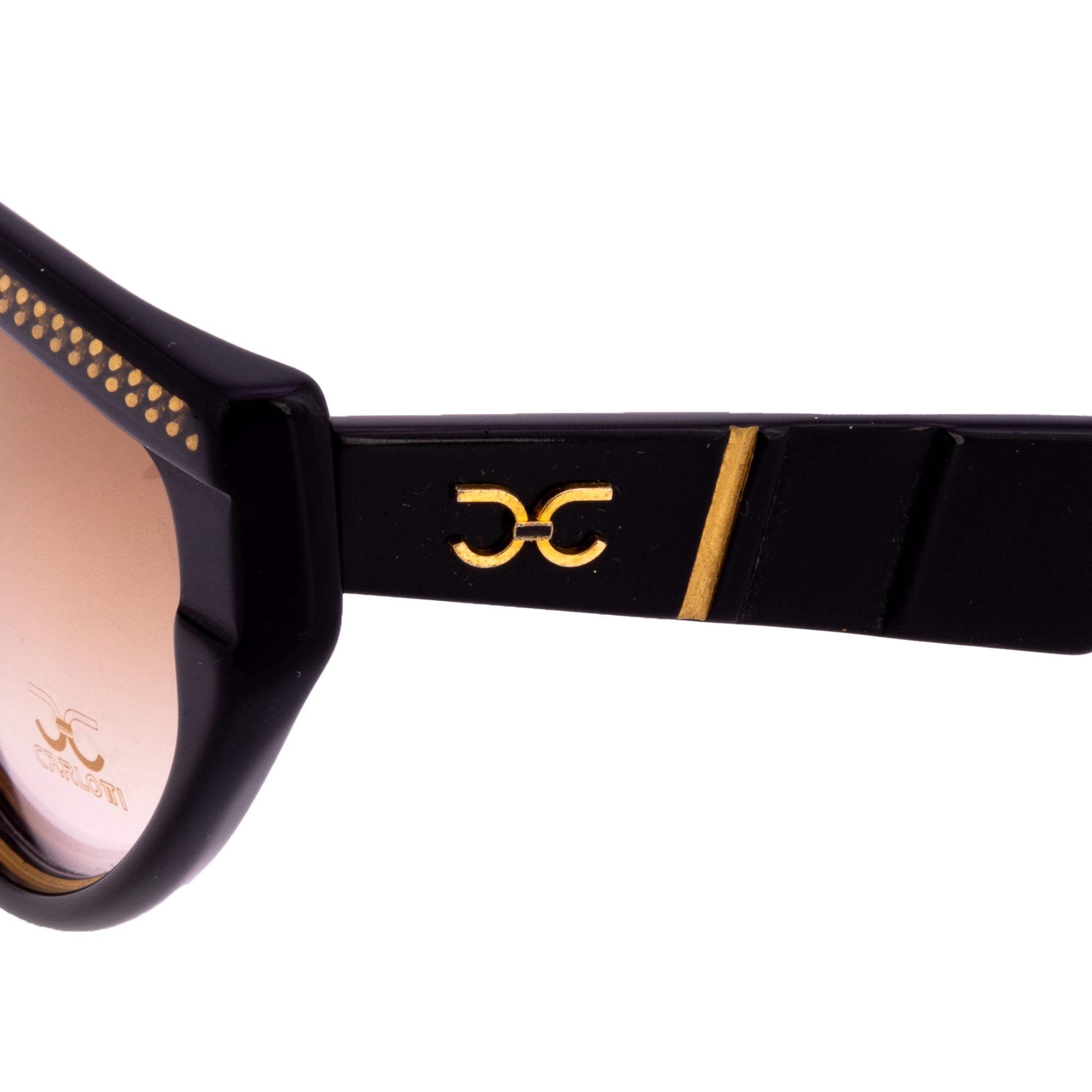 Authentic vintage Claudia Carlotti Cat Eye Stratos CC sunglasses for men and women, black/gold frame, brown lens Hand made in France, never before worn