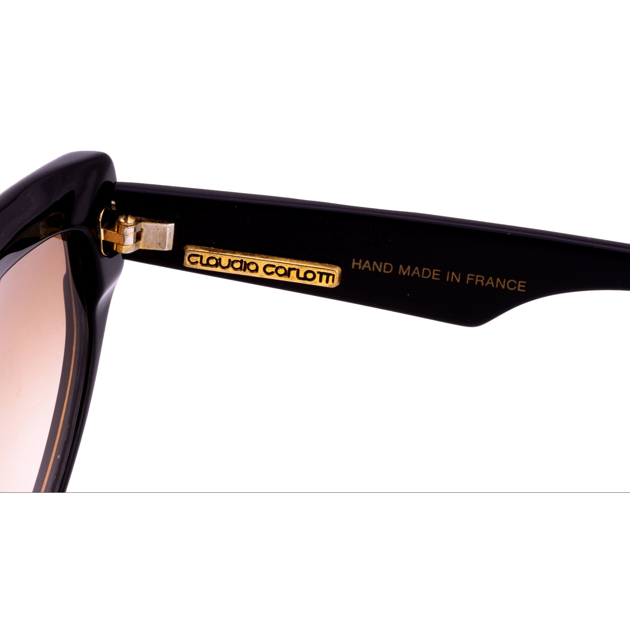 Original Claudia Carlotti Cat Eye Stratos CC sunglasses, black/gold frame, brown lens, hand made in France, never sold, in superb condition
