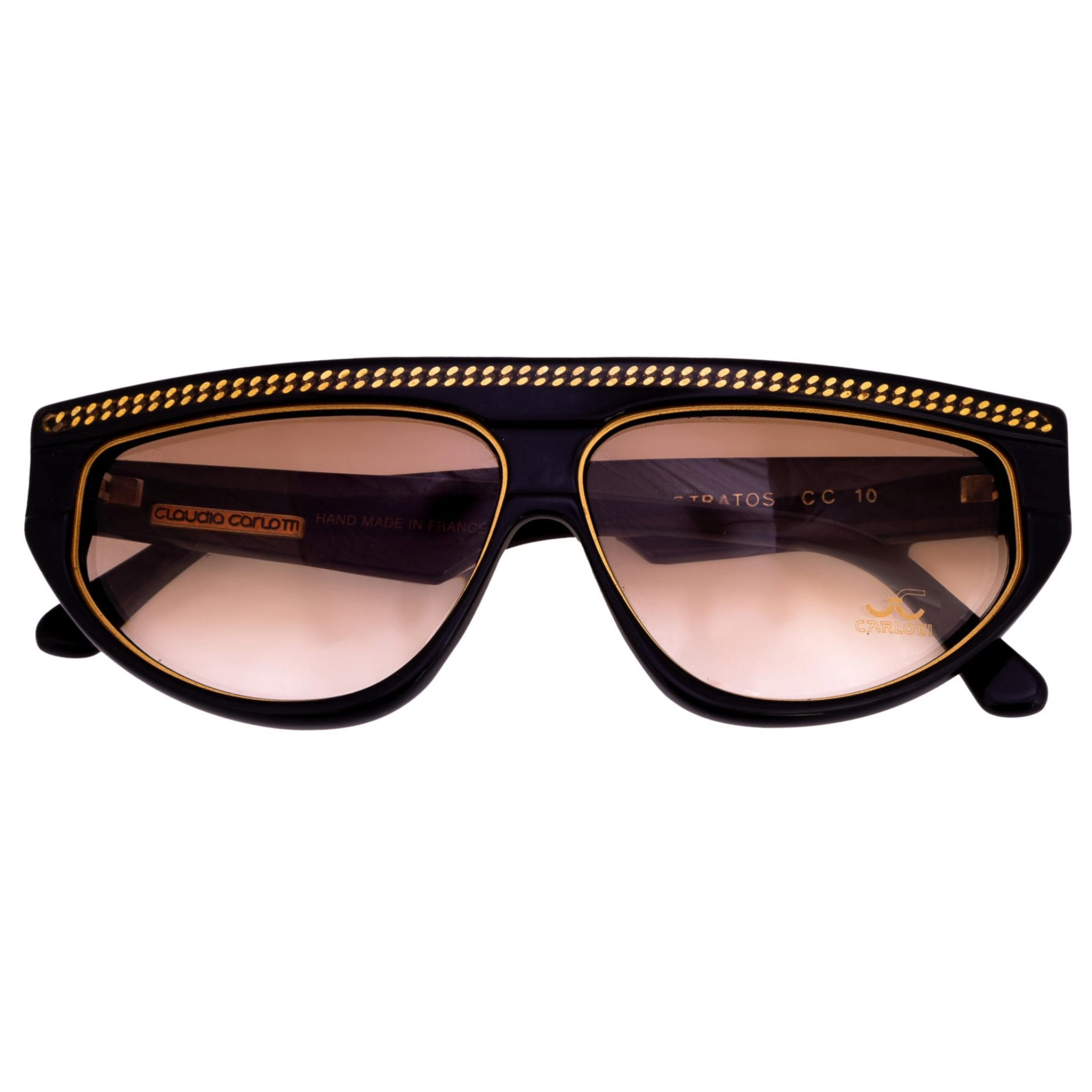 Vintage Claudia Carlotti Cat Eye Stratos CC sunglasses, unisex, black/gold frame, brown lens, hand made in France, never before worn, authentic