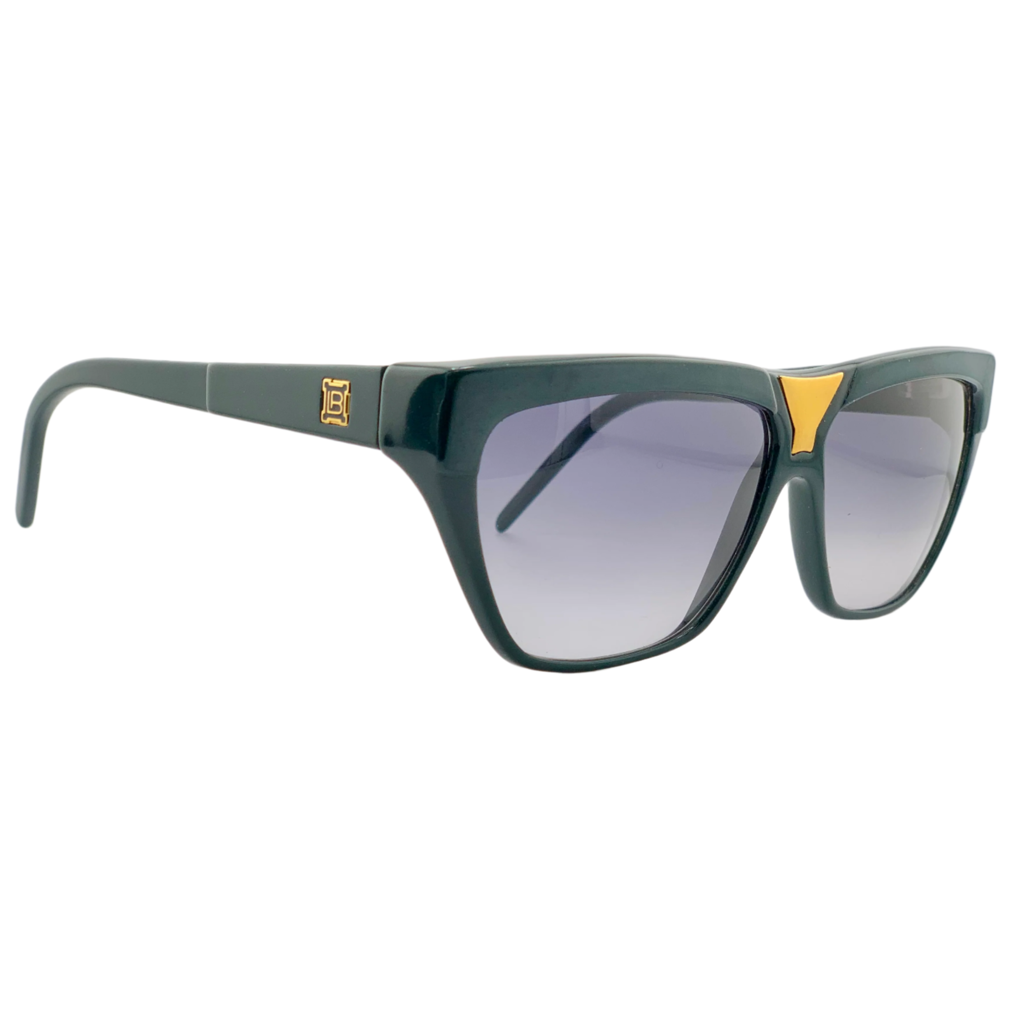 Authentic Vintage Laura Biagiotti Square P32 sunglasses for Men and Women, featuring a green and gold frame with blue lenses, made in Italy and in superb condition, never before worn or sold, selling an original
