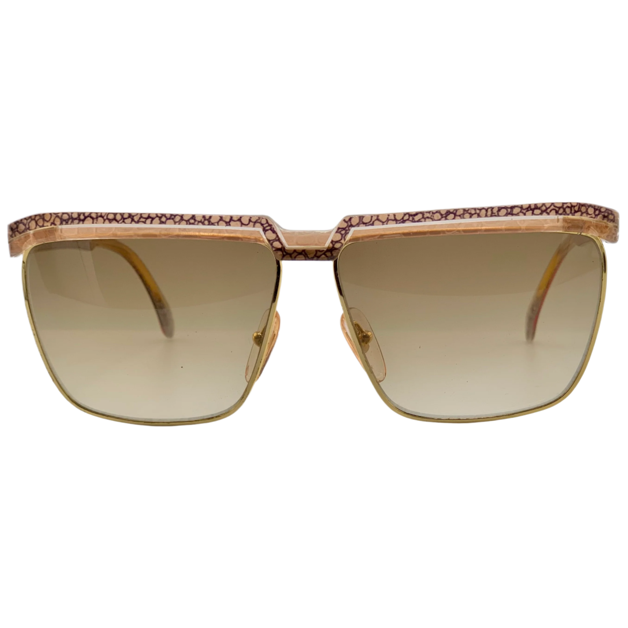 Vintage Laura Biagiotti Square T87 sunglasses for men and women in peach and gold frame with brown lenses, made in Italy and in superb condition, never before worn or sold, authentic and original