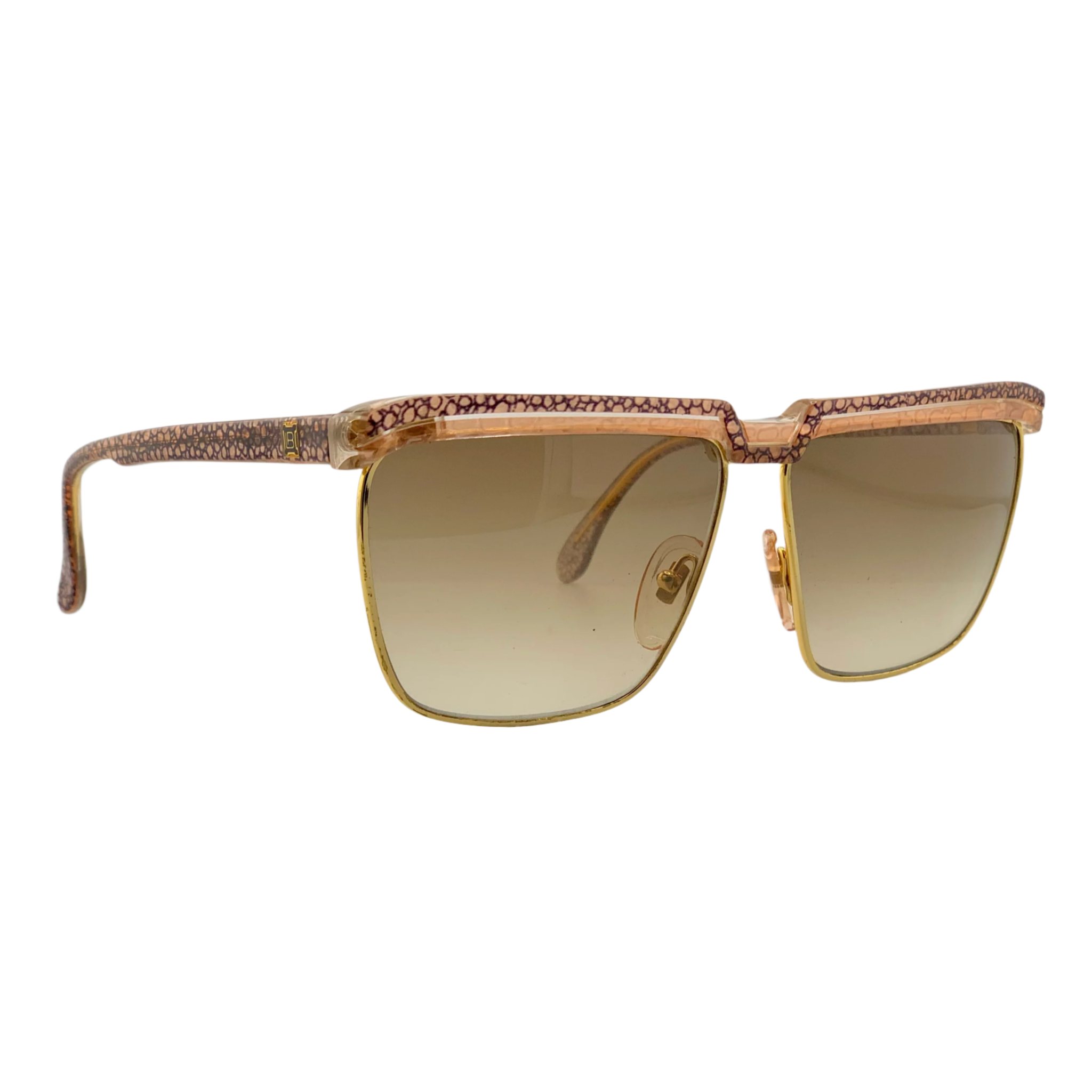 Authentic vintage Laura Biagiotti Square T87 sunglasses for men and women, featuring a peach and gold frame with brown lenses, made in Italy and in superb condition, never before worn or sold