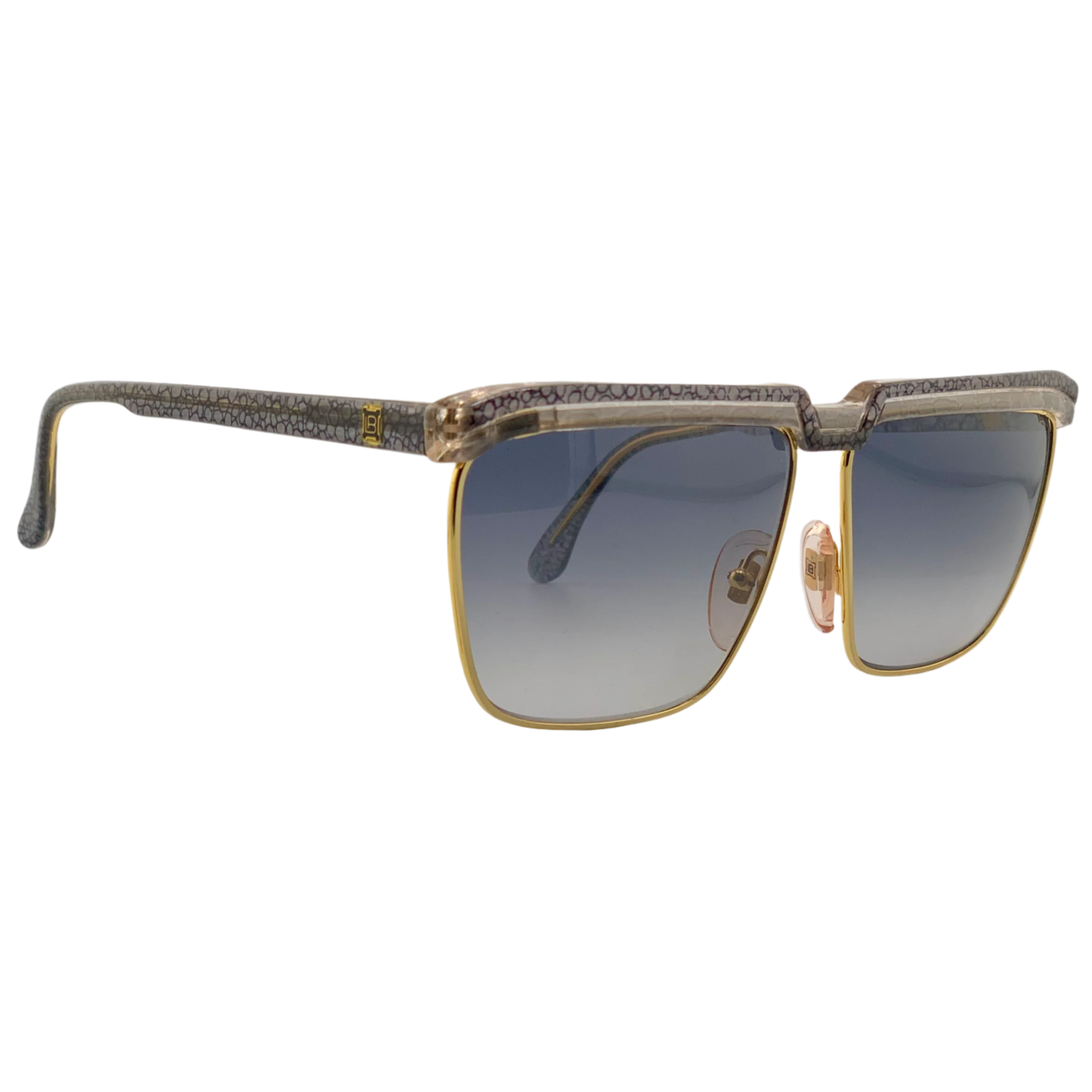 Original vintage Laura Biagiotti Square T87 sunglasses, with grey/gold frame and blue lens, made in Italy, perfect for men and women, never before worn or sold