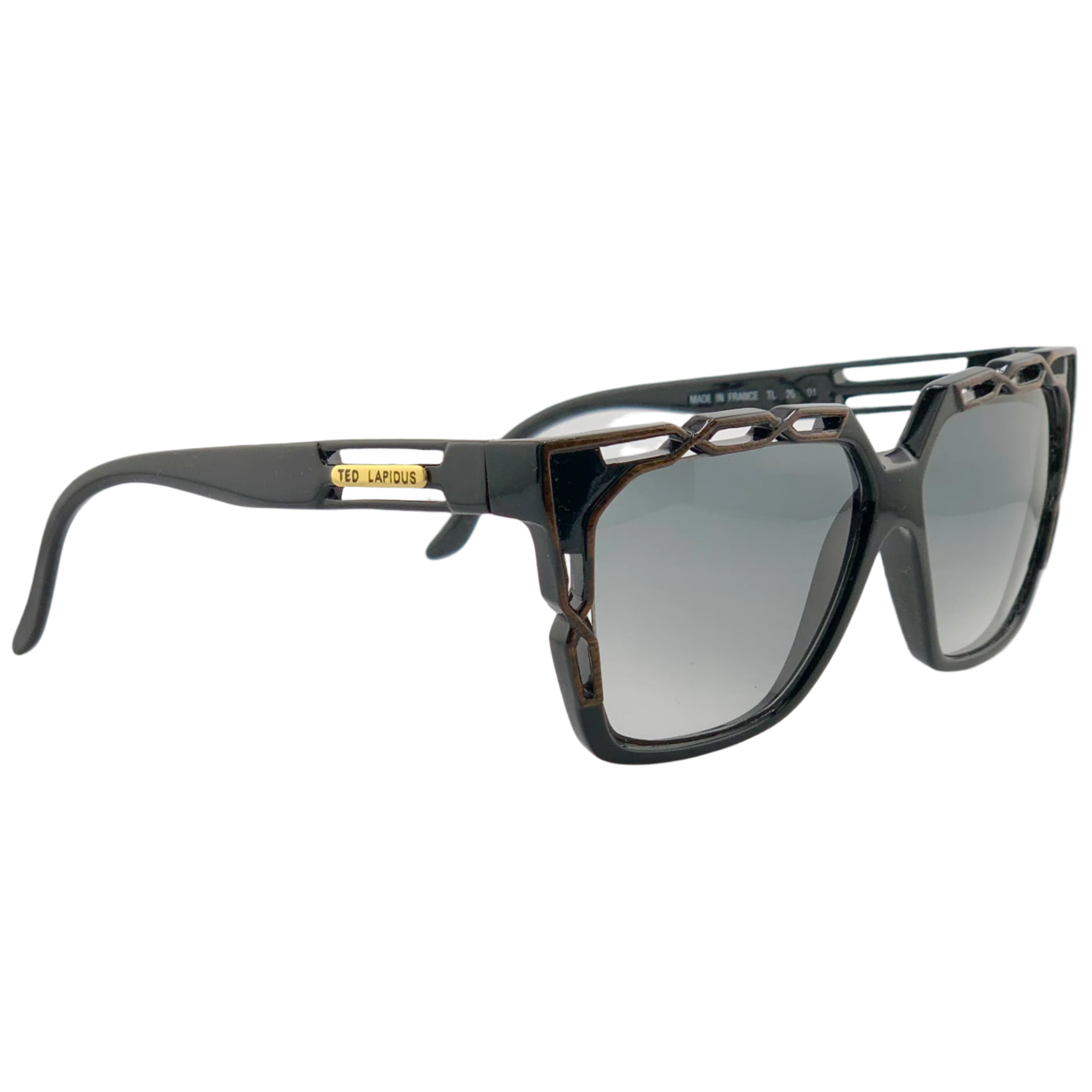 Authentic vintage Ted Lapidus Square TL26 01 sunglasses, black frame, grey lenses, never worn or sold, made in France, in superb condition