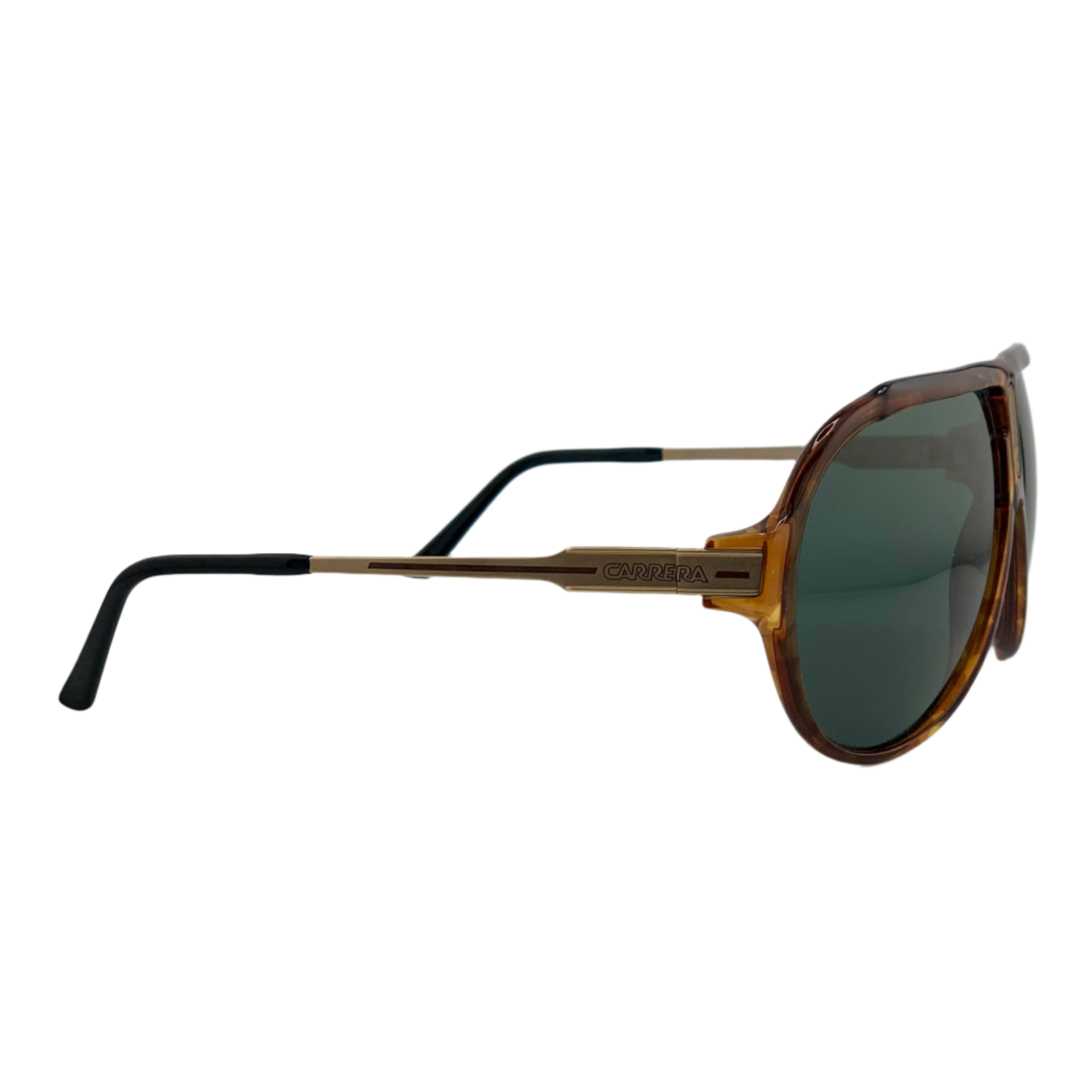 Close-up of vintage Carrera Aviator 5565 12 sunglasses in tort frame and green lens with 100% UV protection, never before worn or sold