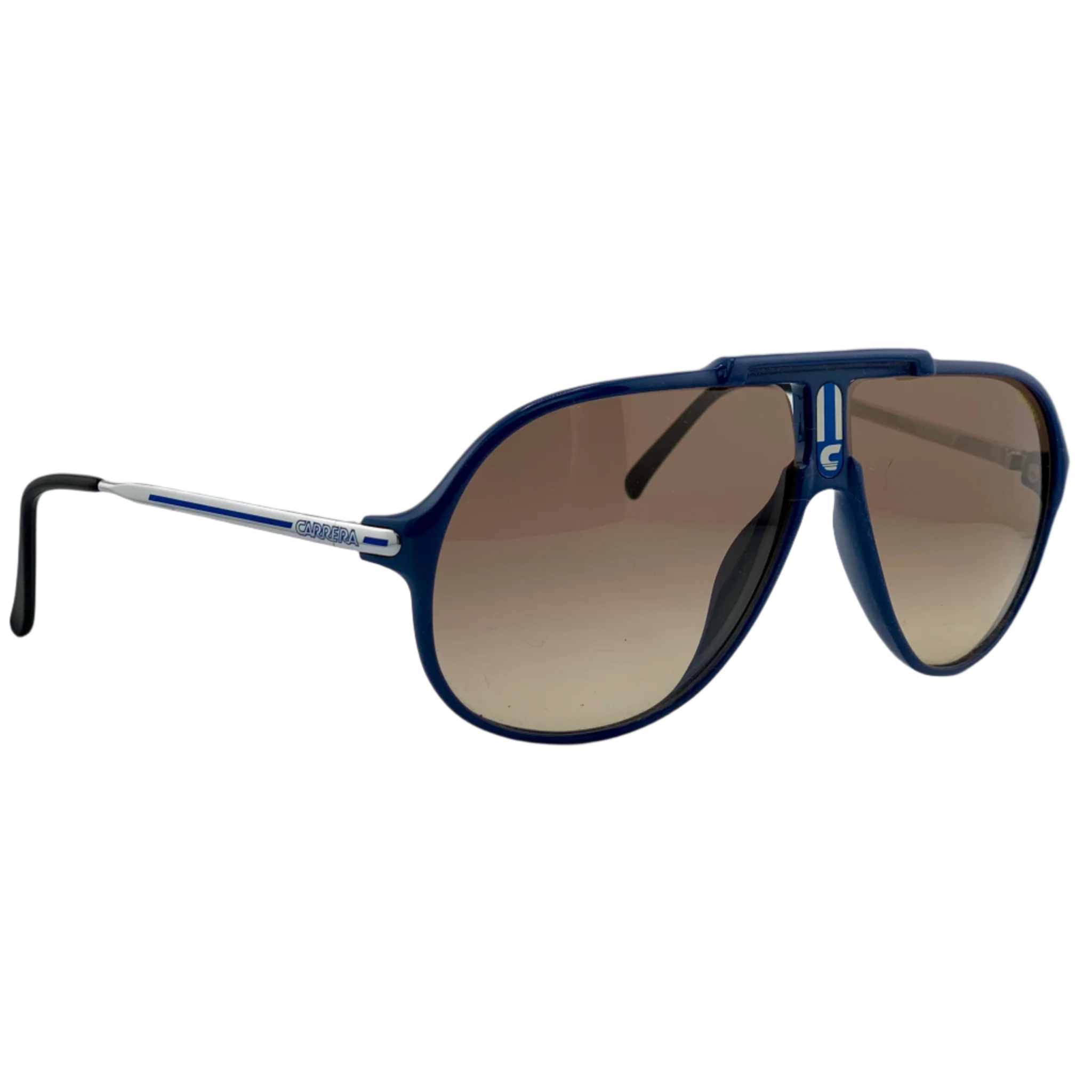 Authentic Carrera Aviator 5590 50 sunglasses with blue frames and brown lenses, providing 100% UV protection and made in Austria, never before worn or sold, in excellent condition