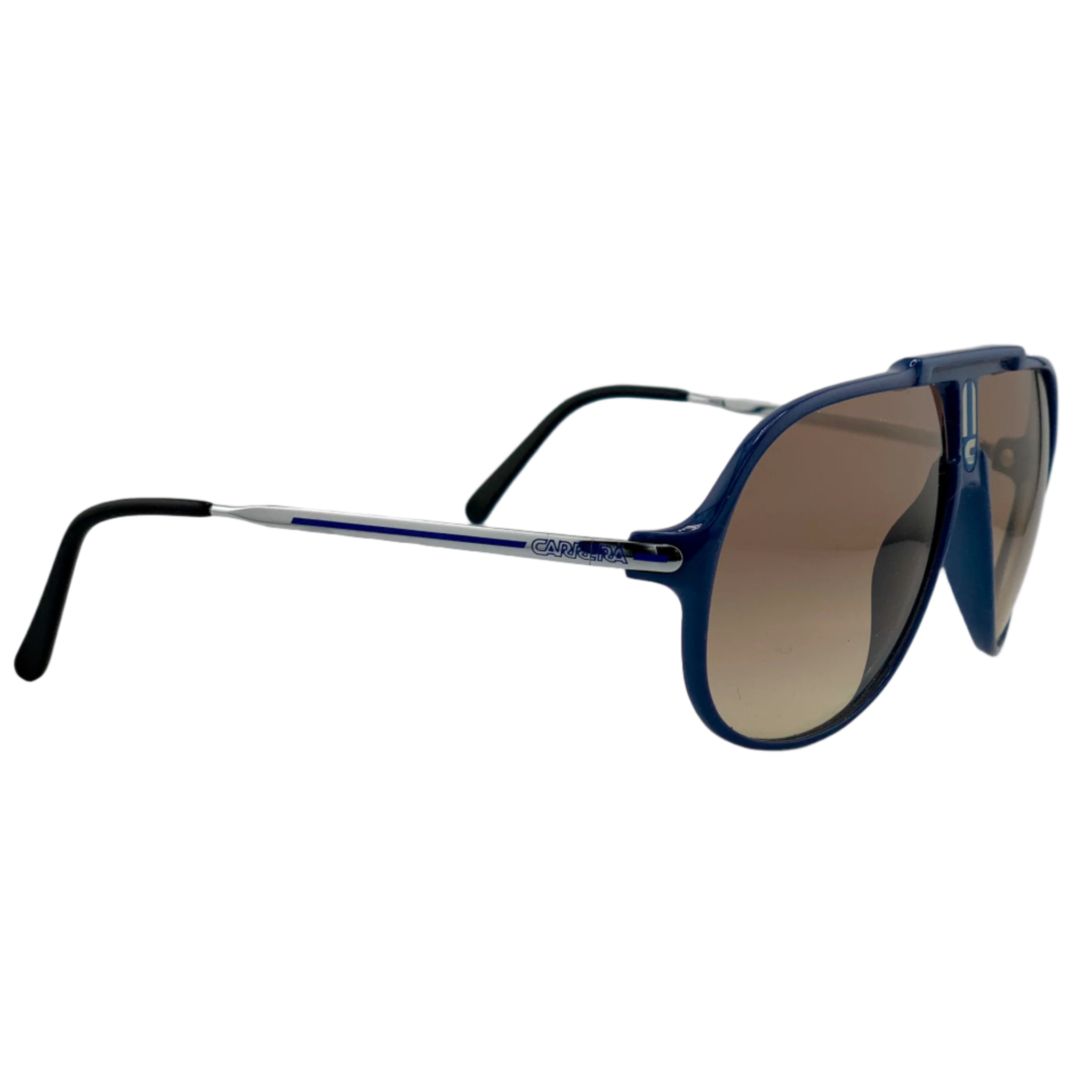 Unworn vintage Carrera Aviator 5590 50 sunglasses in blue frames with brown lenses, offering 100% UV protection, made in Austria, and guaranteed authenticity