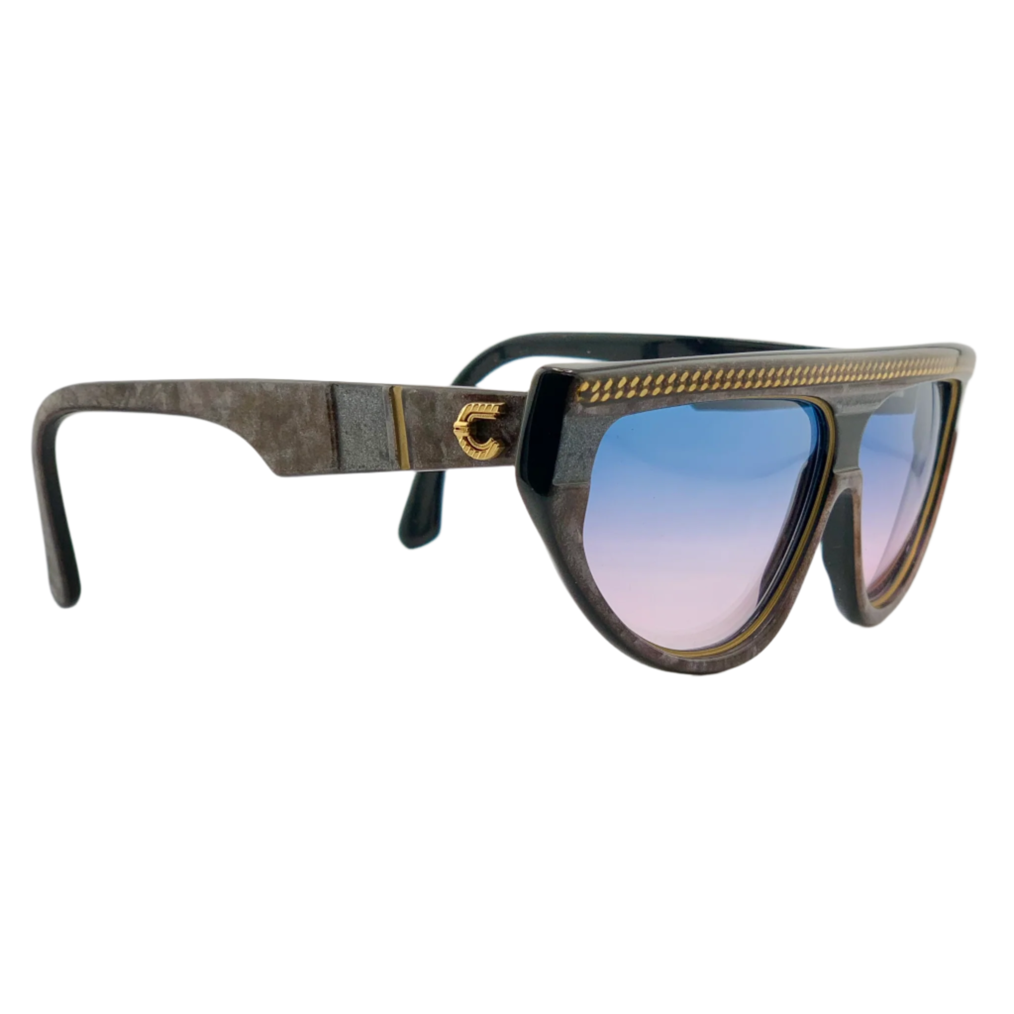 Vintage brown, grey, and gold Claudia Carlotti cat eye sunglasses for men and women, featuring blue and pink gradient lenses, handcrafted in France and in superb condition, never worn or sold
Vintage brown, grey, and gold Claudia Carlotti cat eye sunglasses for men and women, featuring blue and pink gradient lenses, handcrafted in France and in superb condition, never worn or sold