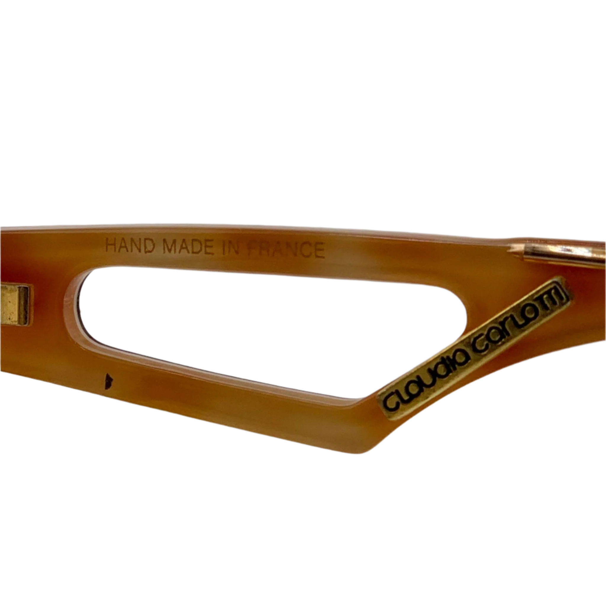Authentic vintage Claudia Carlotti rectangle sunglasses in gold and tortoiseshell frame, brown lenses, handcrafted in France, never before worn or sold, in superb condition