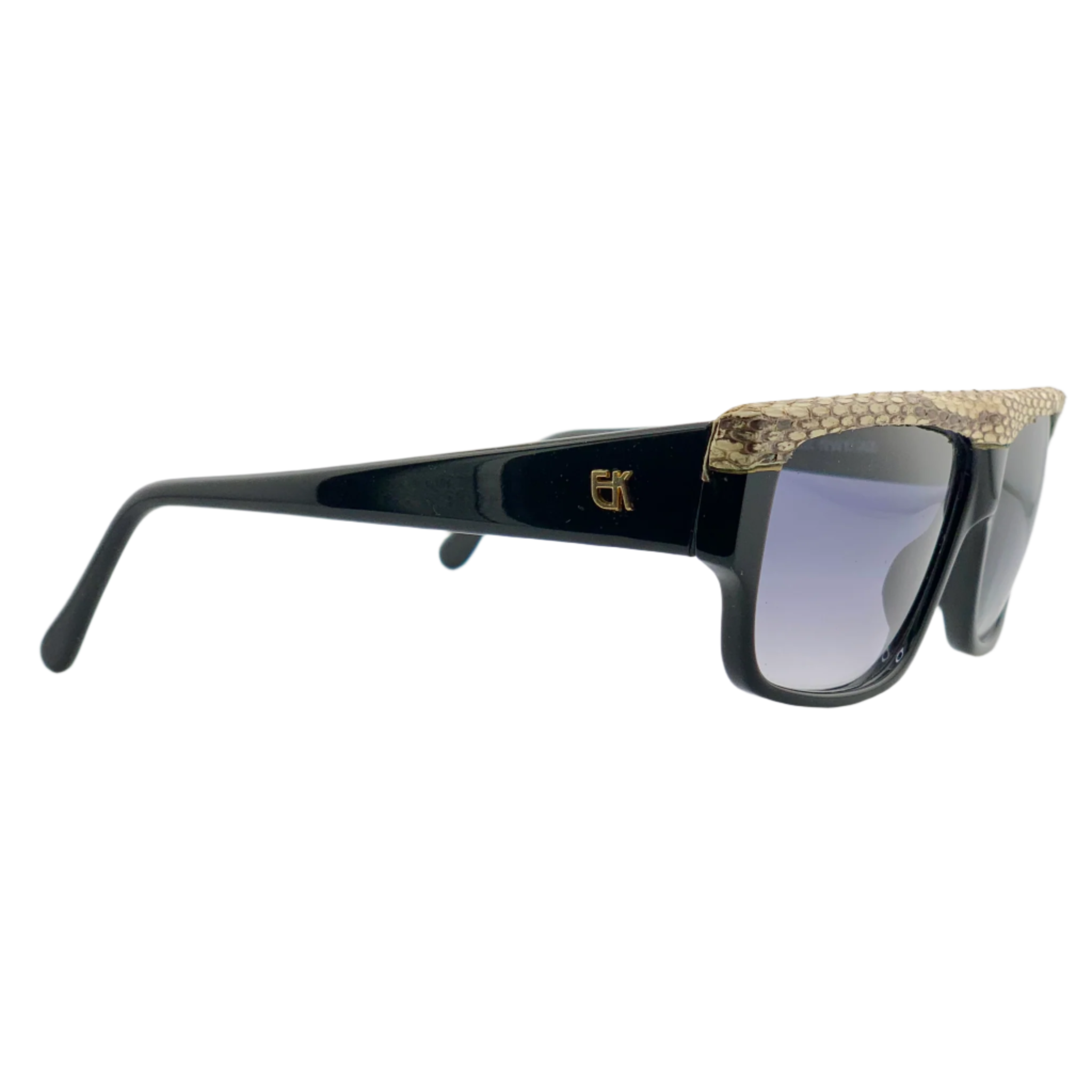 Vintage Emmanuelle Khanh flat brow sunglasses in black and snake print frame Made in France with blue lenses Never worn Authentic