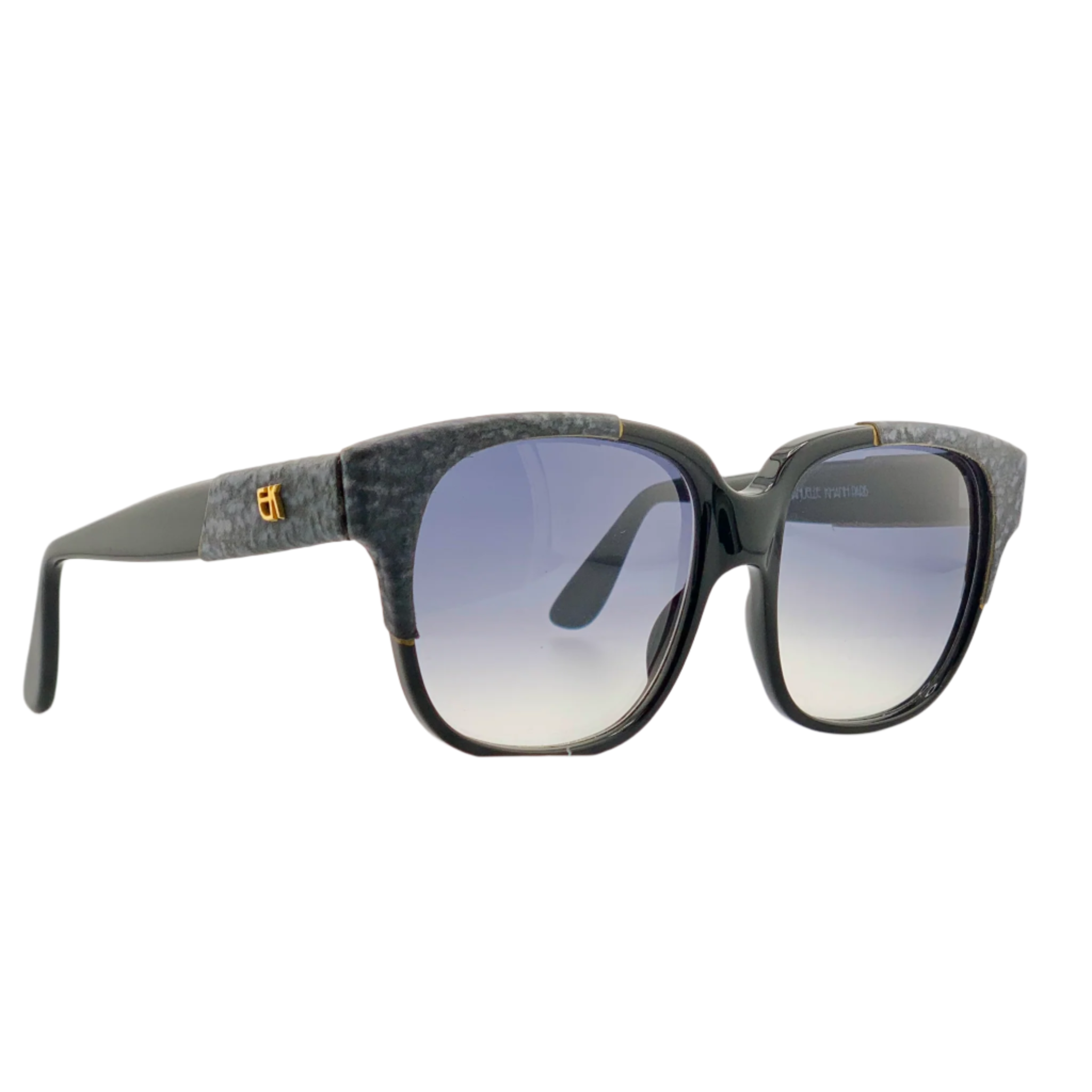 Vintage Emmanuelle Khanh round unisex sunglasses in black/grey with purple lenses