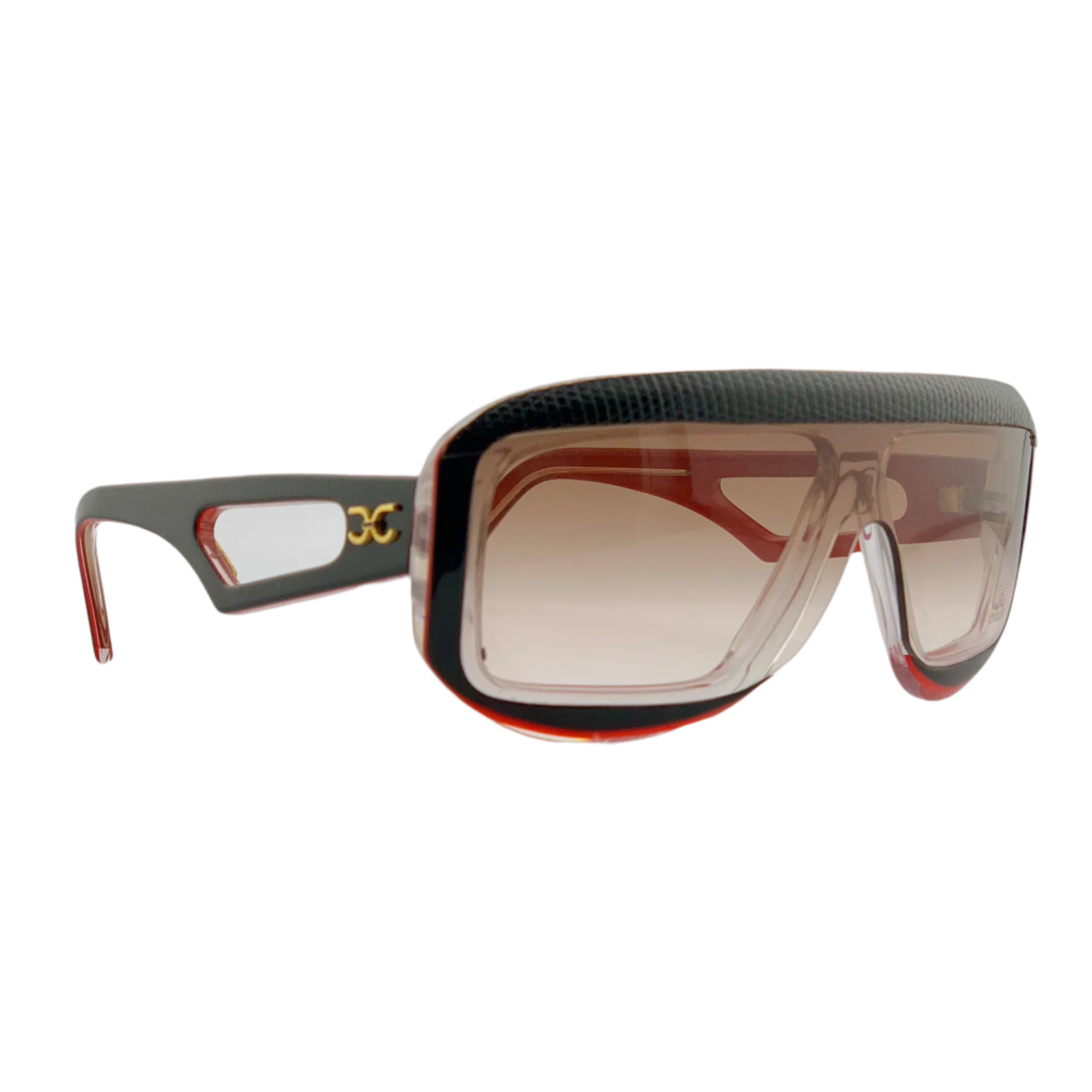 Vintage black and red Claudia Carlotti flat brow sunglasses for men and women, with brown lenses, hand made in France, in superb condition, never before worn or sold, authentic and original