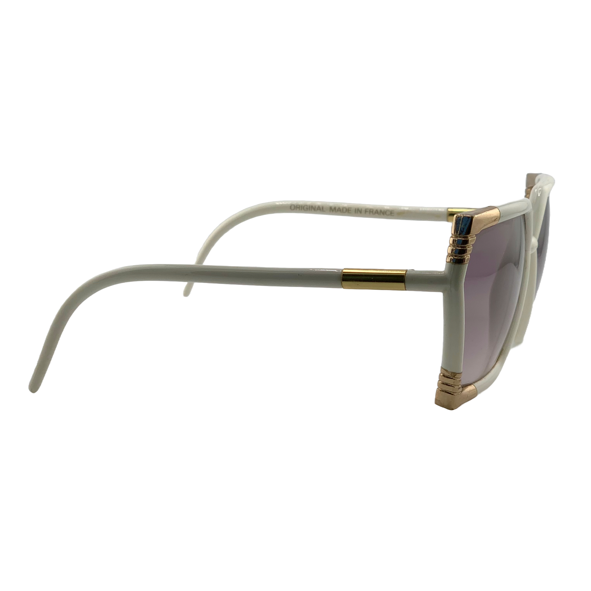 Vintage white and gold framed Ted Lapidus Square sunglasses for men and women, with purple lenses, made in France and in superb condition, never worn or sold
