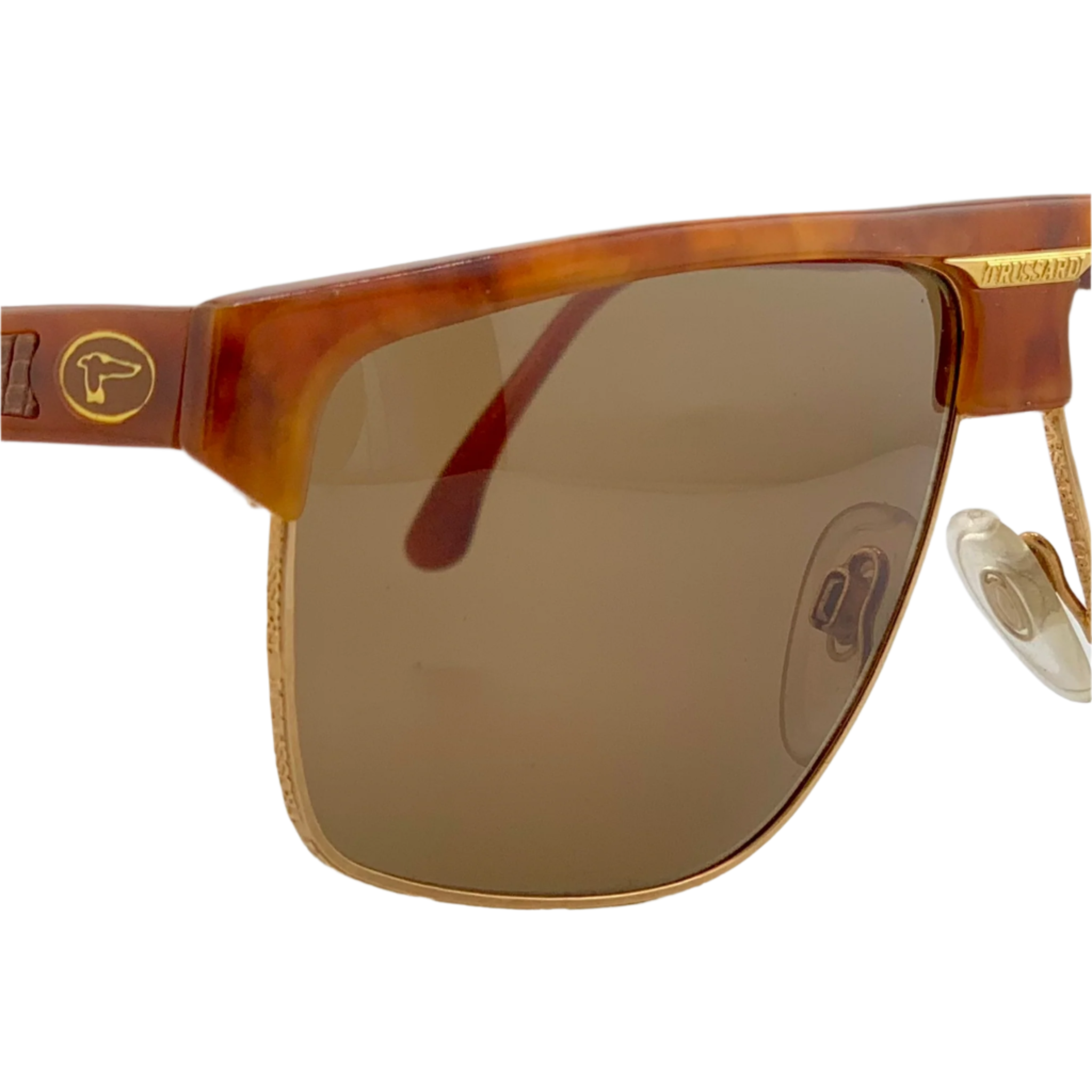 Vintage Trussardi Clubmaster 02093 sunglasses for men and women, made in Italy with a brown/gold frame and brown lenses, in superb condition, never before worn or sold, authentic and original