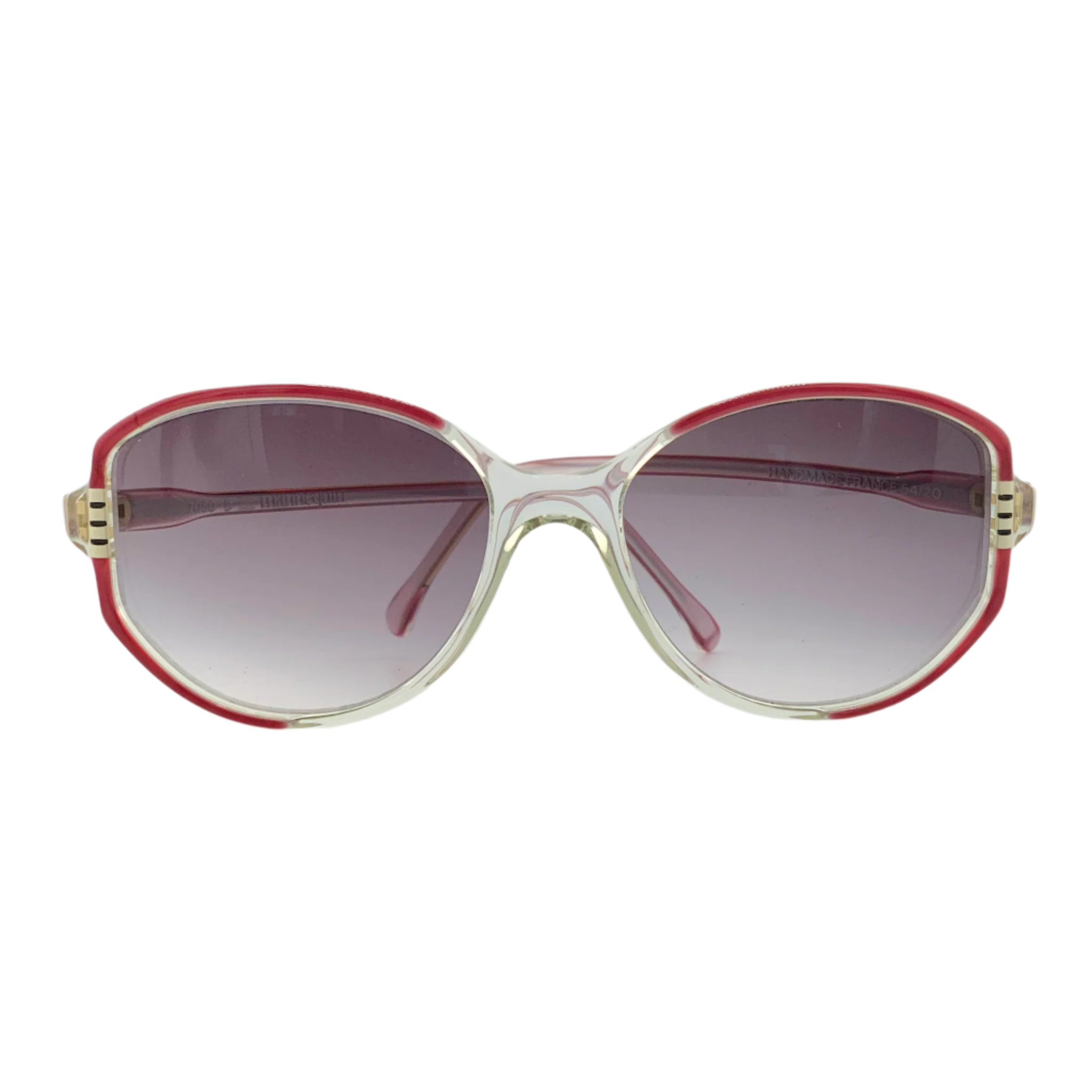 Vintage Mannequin Round 7060 sunglasses, clear/red frame, purple lens, made in France