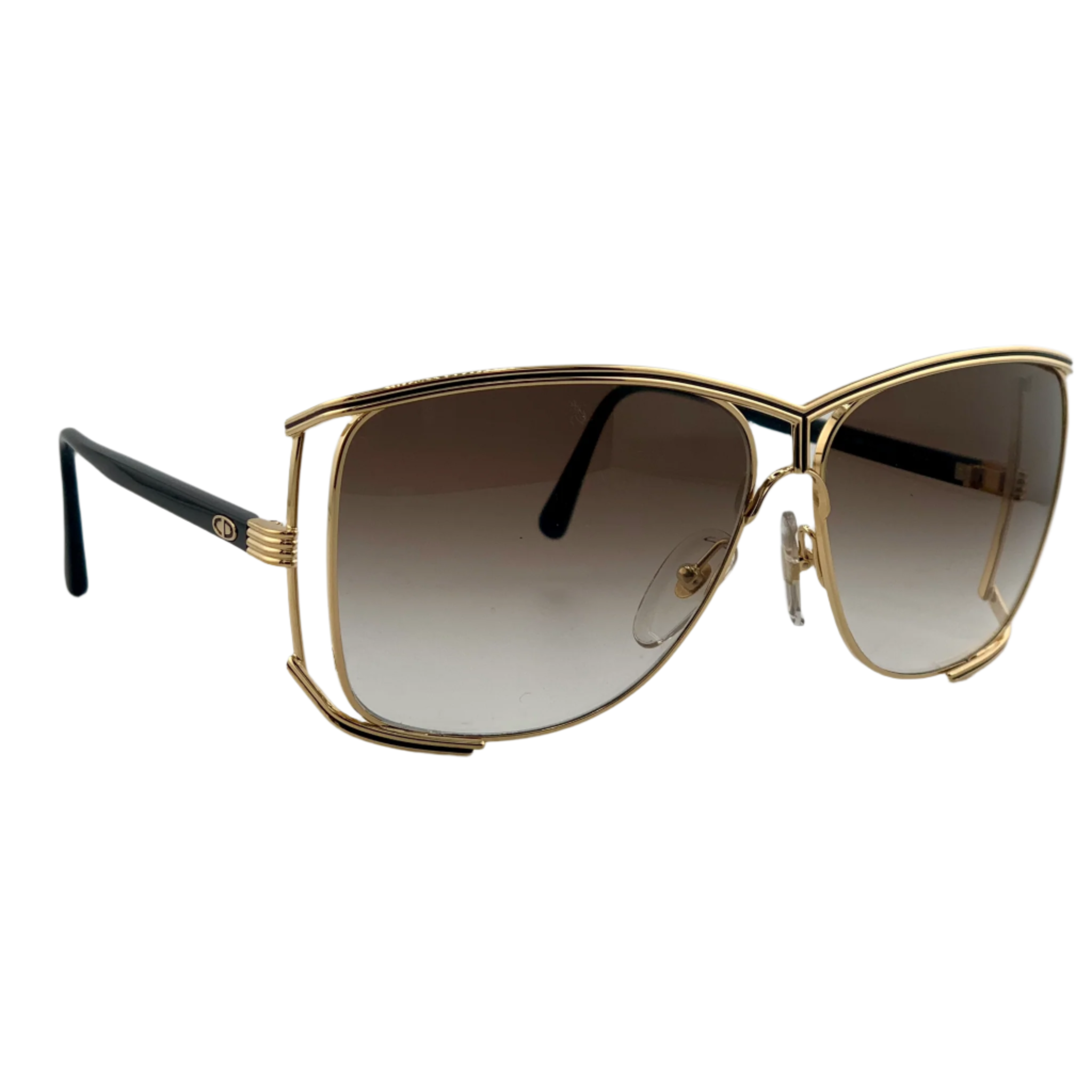 Authentic vintage Christian Dior Square sunglasses in gold and black frame, made for men and women, with brown lenses and in superb condition