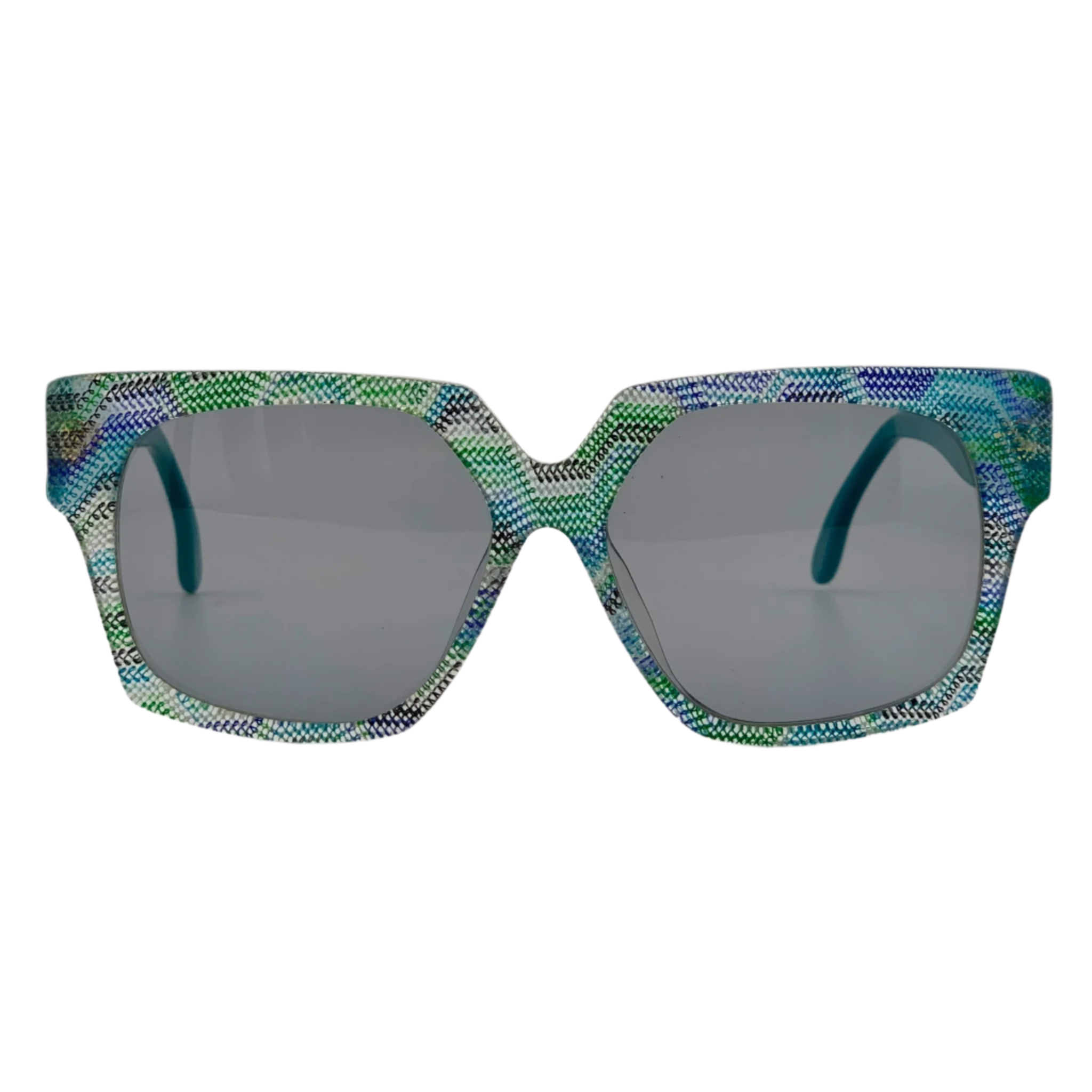 Vintage blue and green mix Missoni Square M194S sunglasses for men and women, made in Italy with grey lenses and 100% UV protection