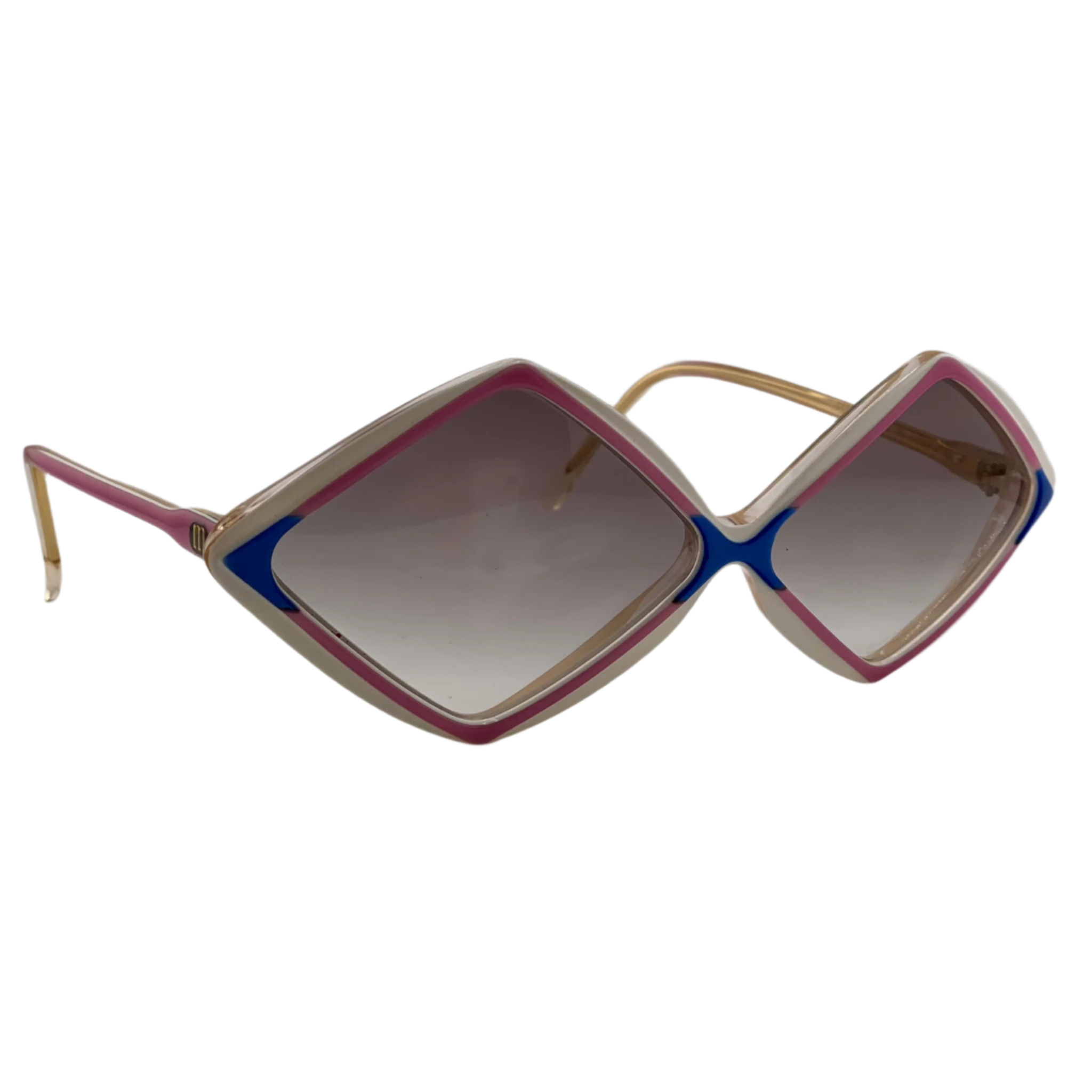 Authentic and original vintage Mannequin Diamond 7524 sunglasses in white, pink, and blue frames, with brown lenses, made in France and never before sold