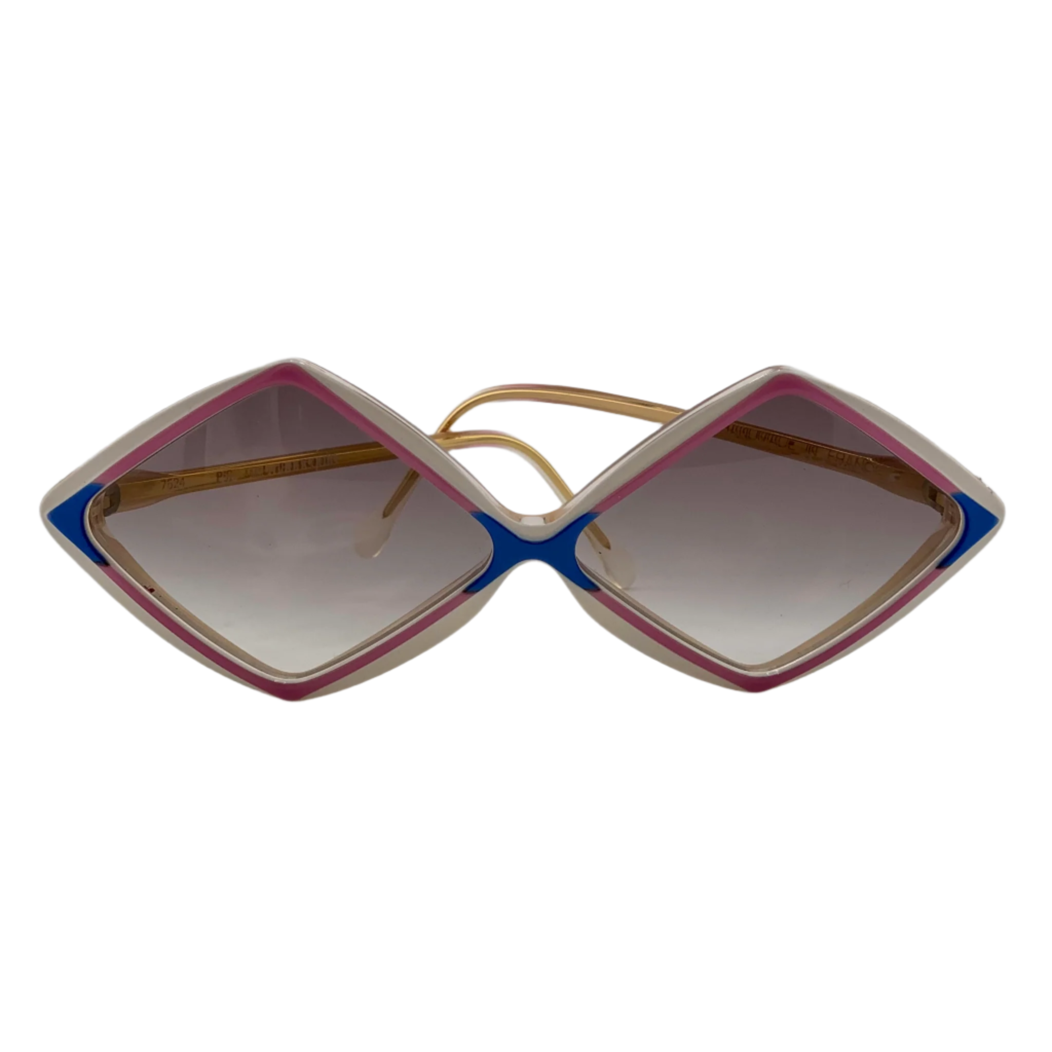 Authentic vintage Mannequin Diamond 7524 sunglasses in white, pink, and blue frames, brown lenses, made in France for men and women, and never before worn or sold, in superb condition