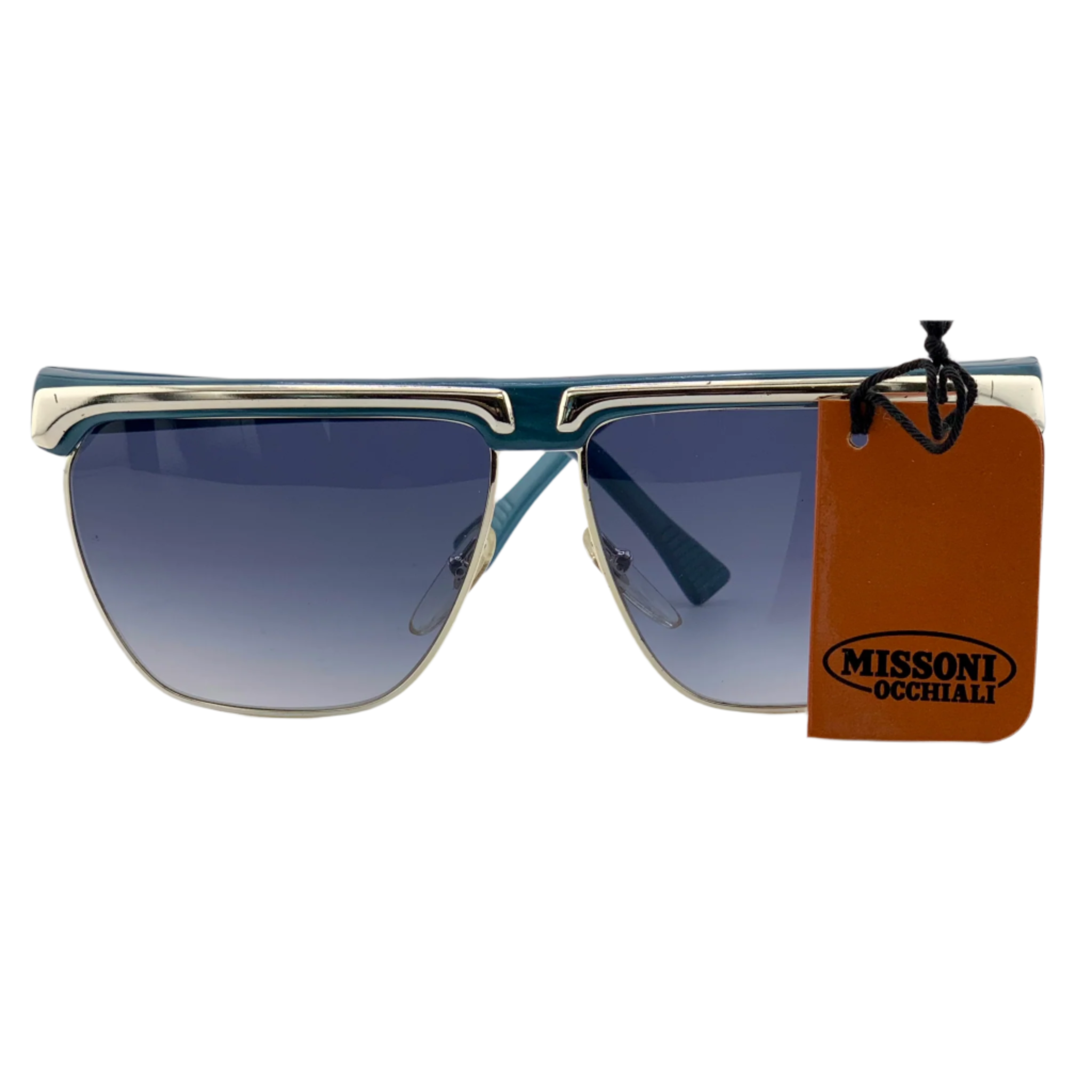 Original Missoni Square M63U sunglasses for men and women, in green and gold frame with blue lens, made in Italy
