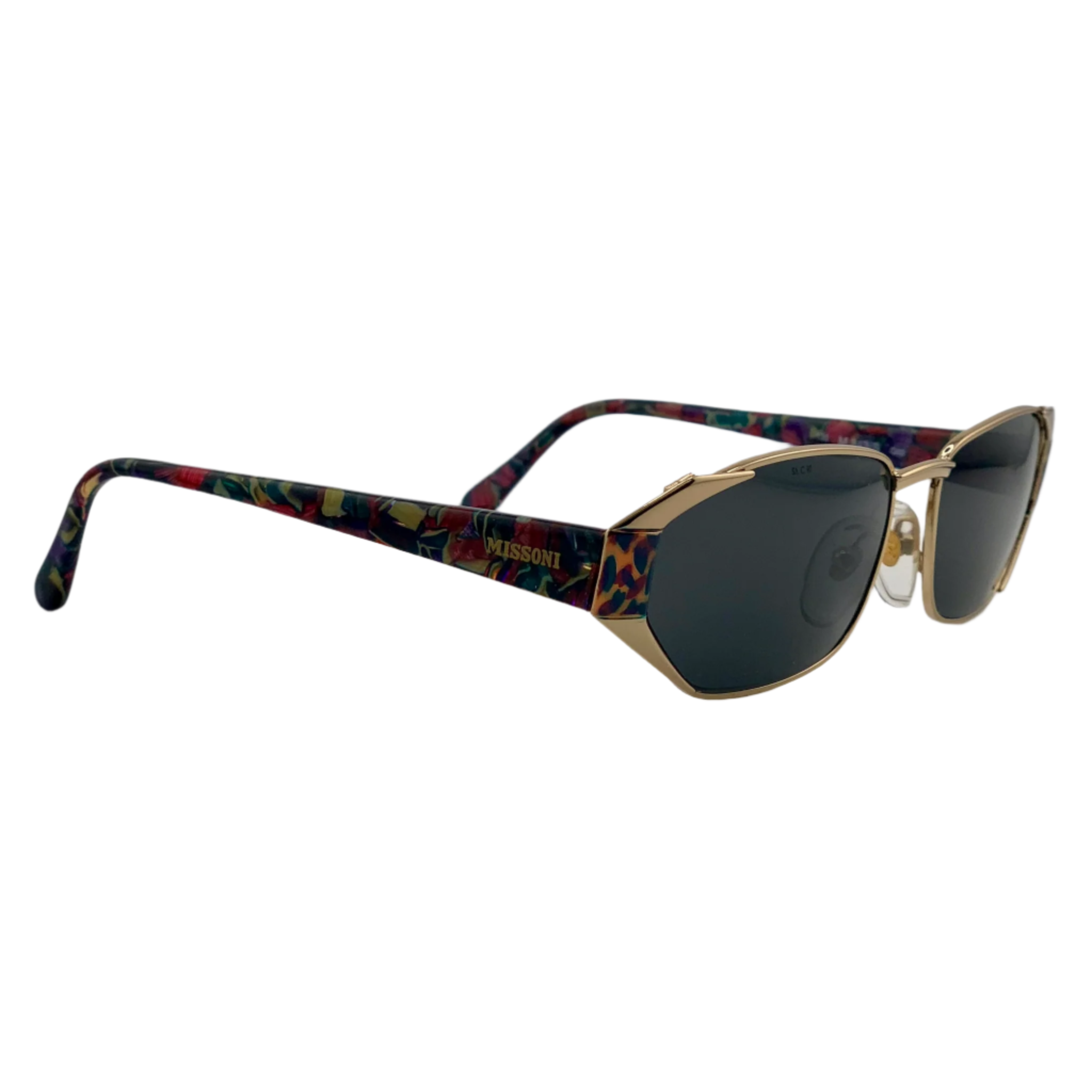 Rare vintage Missoni sunglasses in oval shape with gold and animal print frames, grey lenses, perfect for both men and women