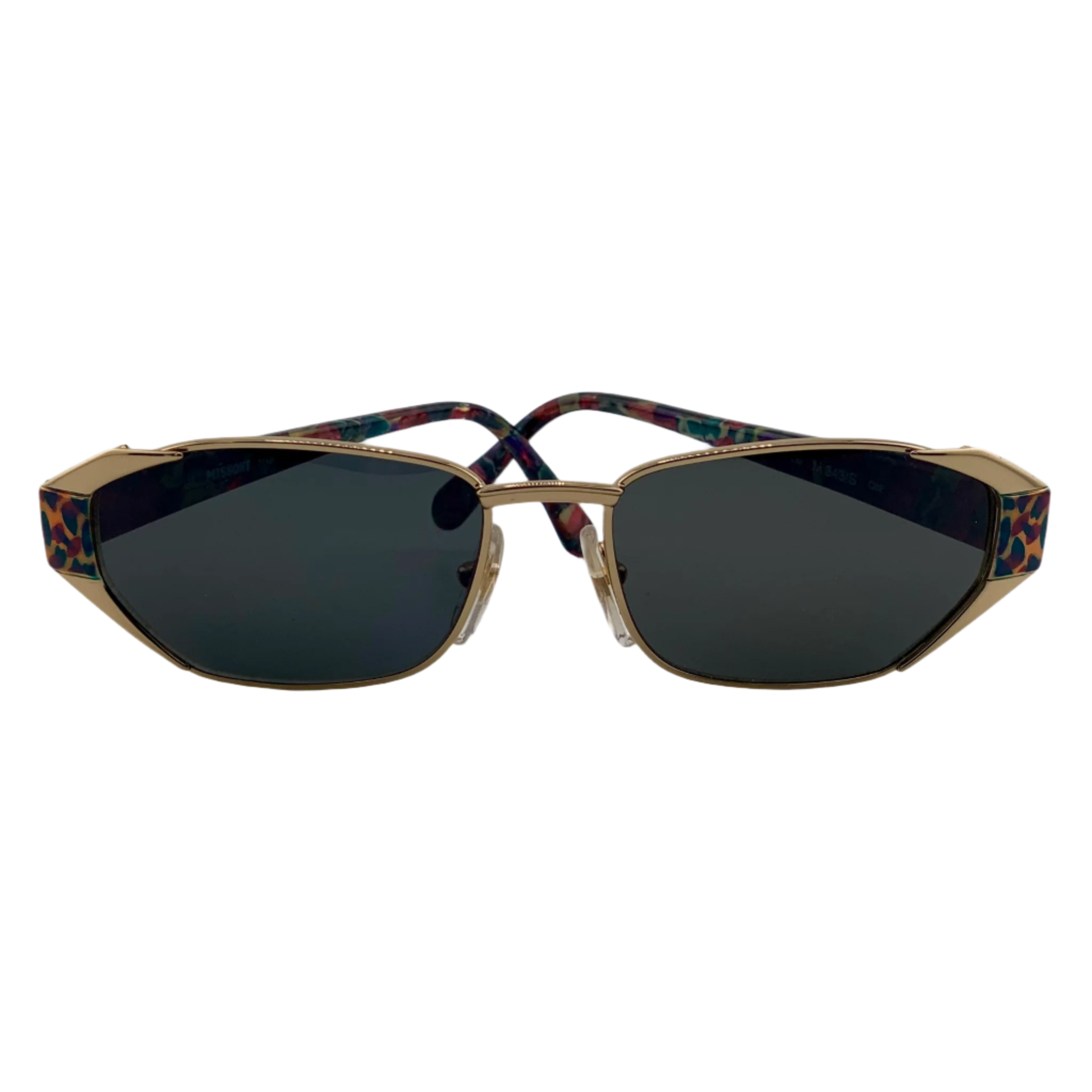Original vintage Missoni Oval sunglasses, made in Italy, featuring a stylish gold/animal print frame, grey lenses, and in superb condition