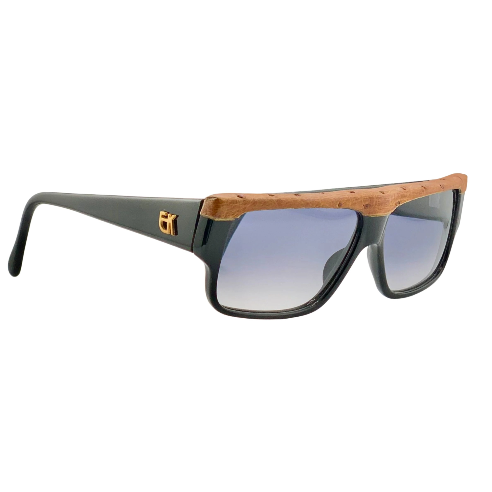 Unisex Emmanuelle Khanh 10640 sunglasses in black/brown frame and blue lenses, made in France, never worn, in original condition