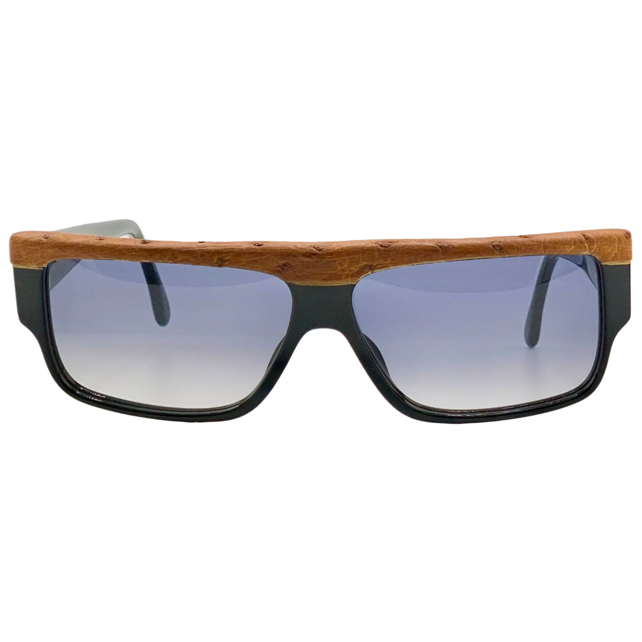 Vintage Emmanuelle Khanh flat brow sunglasses in black and brown frame with blue lenses, made in France, never worn before, in superb condition