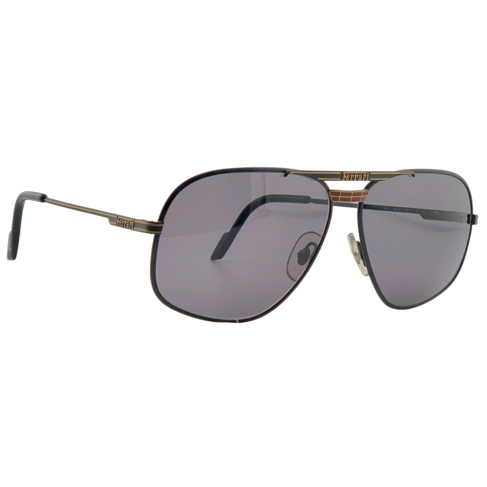 Original vintage Ferrari Aviator F14 sunglasses, unisex, black and gold frame, grey lenses, made in Italy, never worn, in superb condition