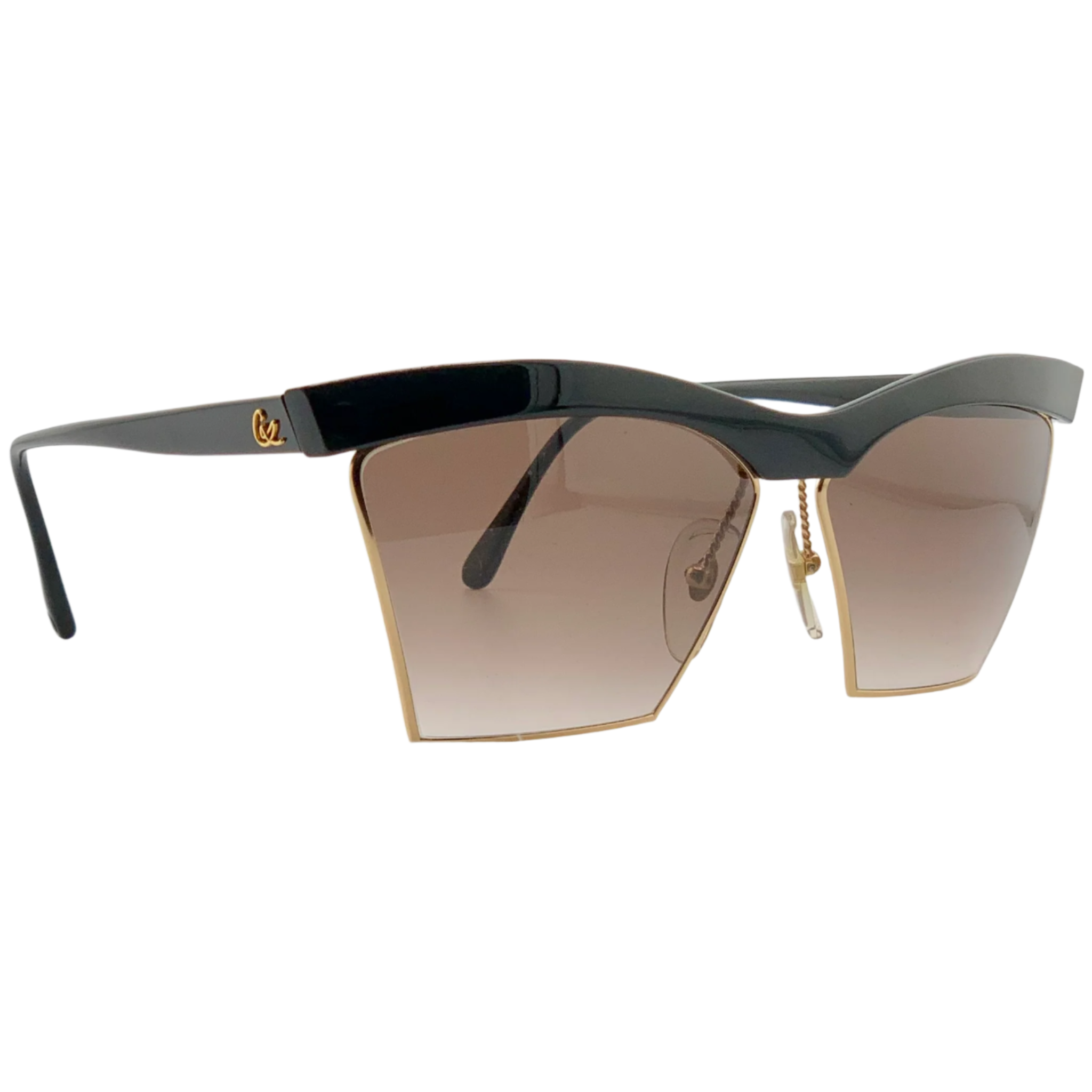 Original Christian Lacroix Square 7315 90 women's sunglasses with black and gold frame, brown lenses, and in superb, never-before-worn condition