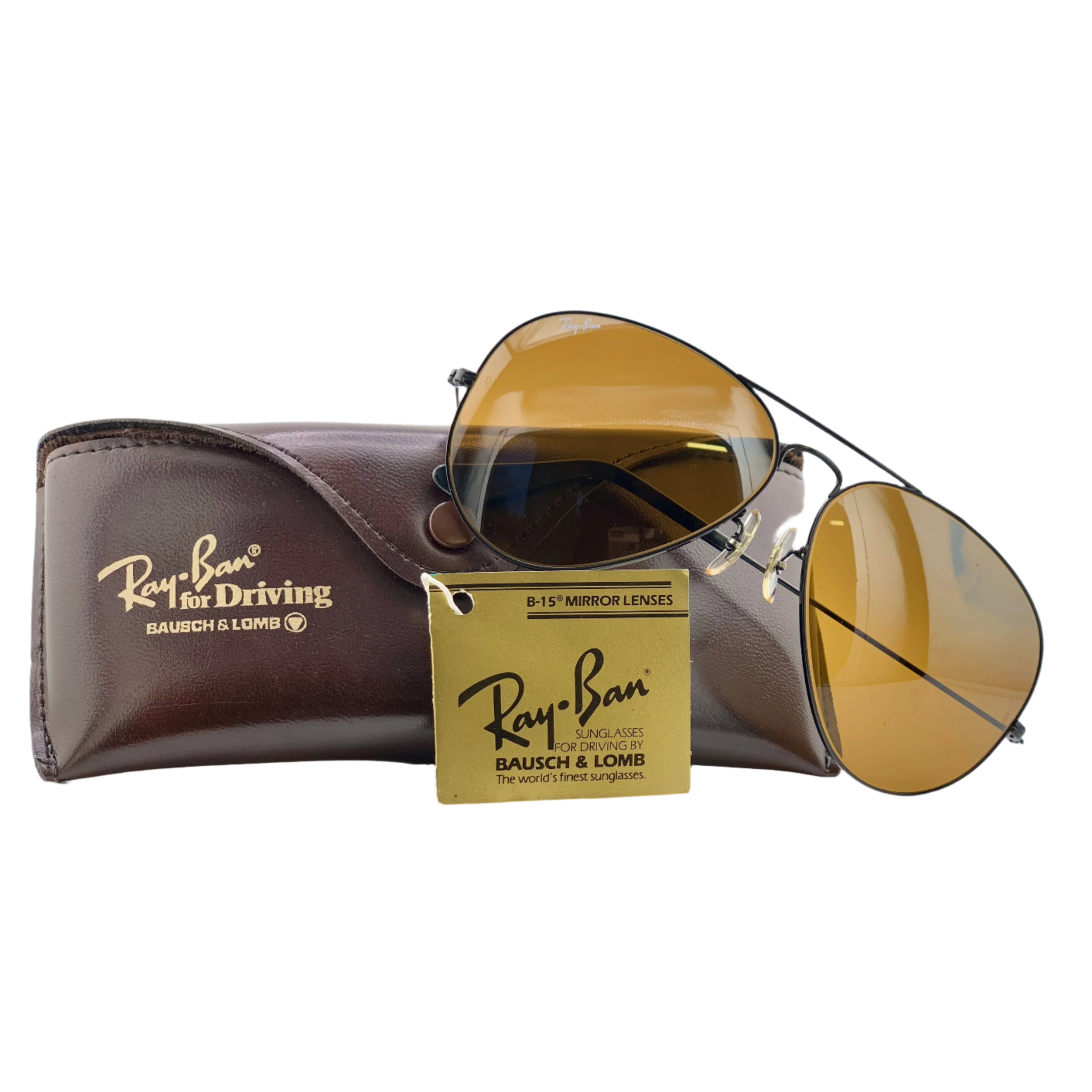 Rayban Aviator sunglasses with black frames and brown lenses, providing 100% UV protection Authentic, vintage item in superb, unworn condition