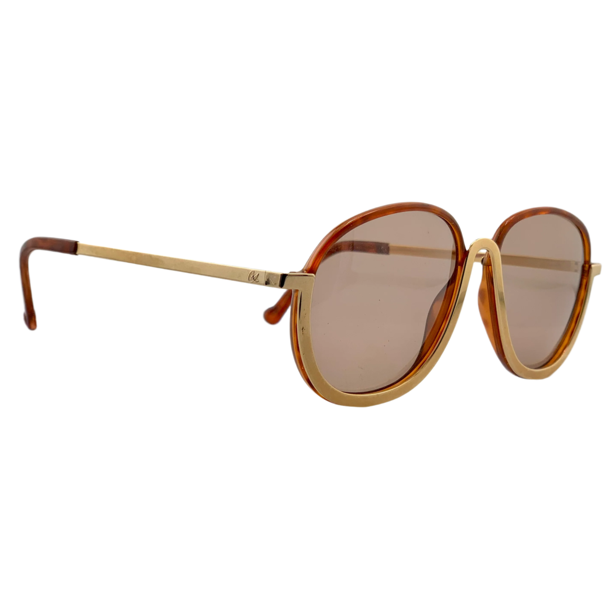 Authentic vintage Christian Lacroix round sunglasses for women, featuring a gold and brown frame with brown lenses Made in Austria, never worn or sold, and in superb condition