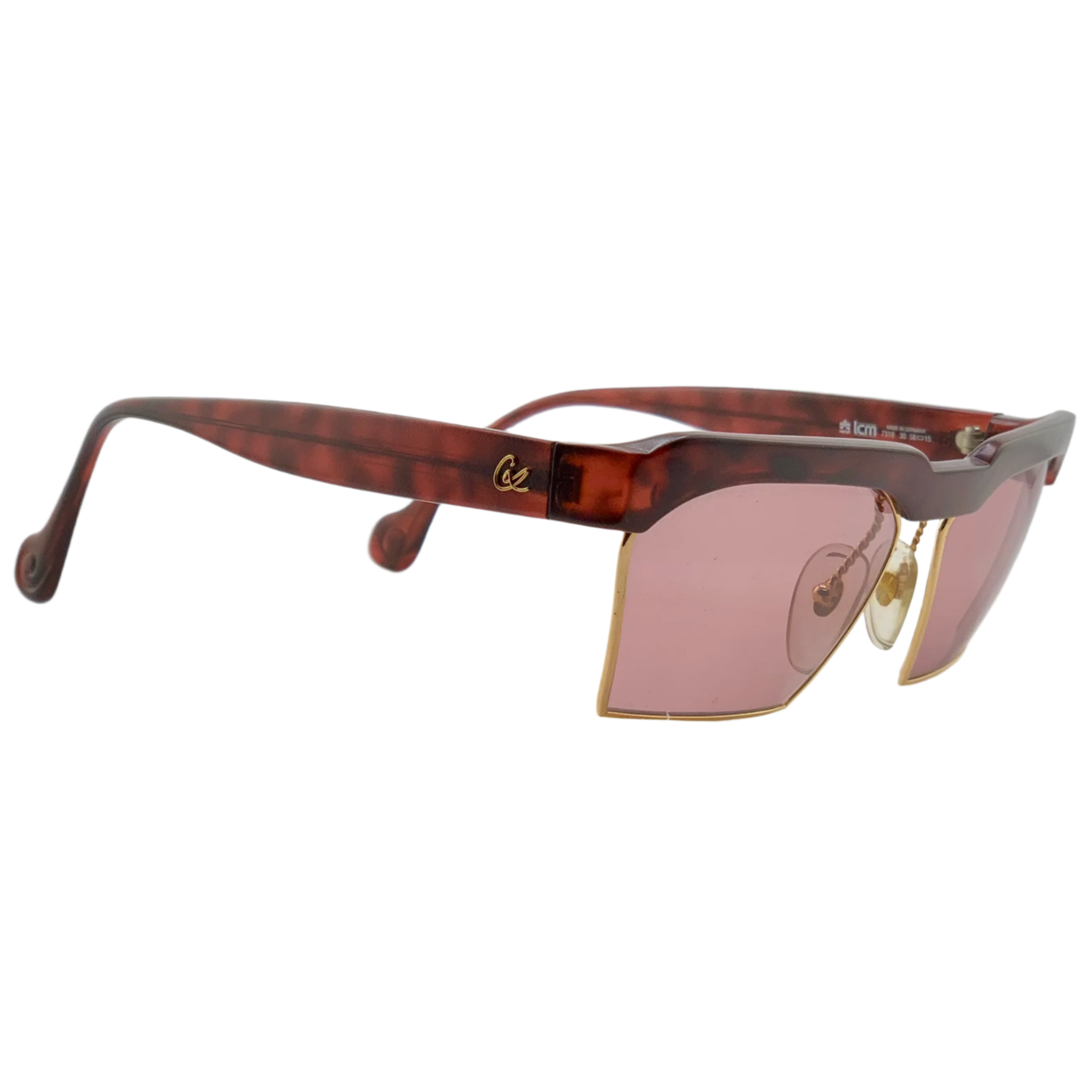 Authentic, never before worn vintage Christian Lacroix Square 7318 30 sunglasses for women, with red and gold frames and pink lenses