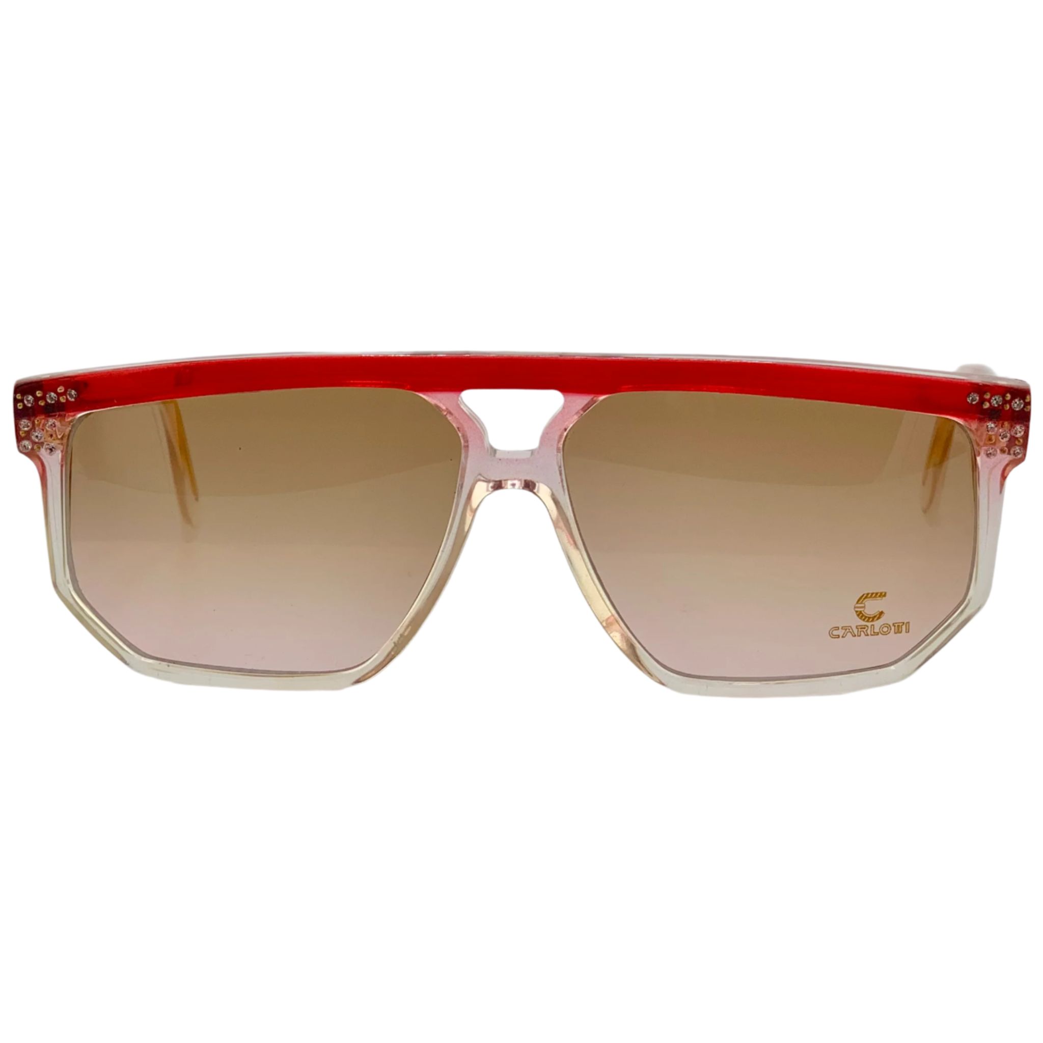 Vintage red and clear frame Claudia Carlotti flat brow sunglasses for women, hand made in France with brown lenses, in superb condition, never worn or sold, authentic original