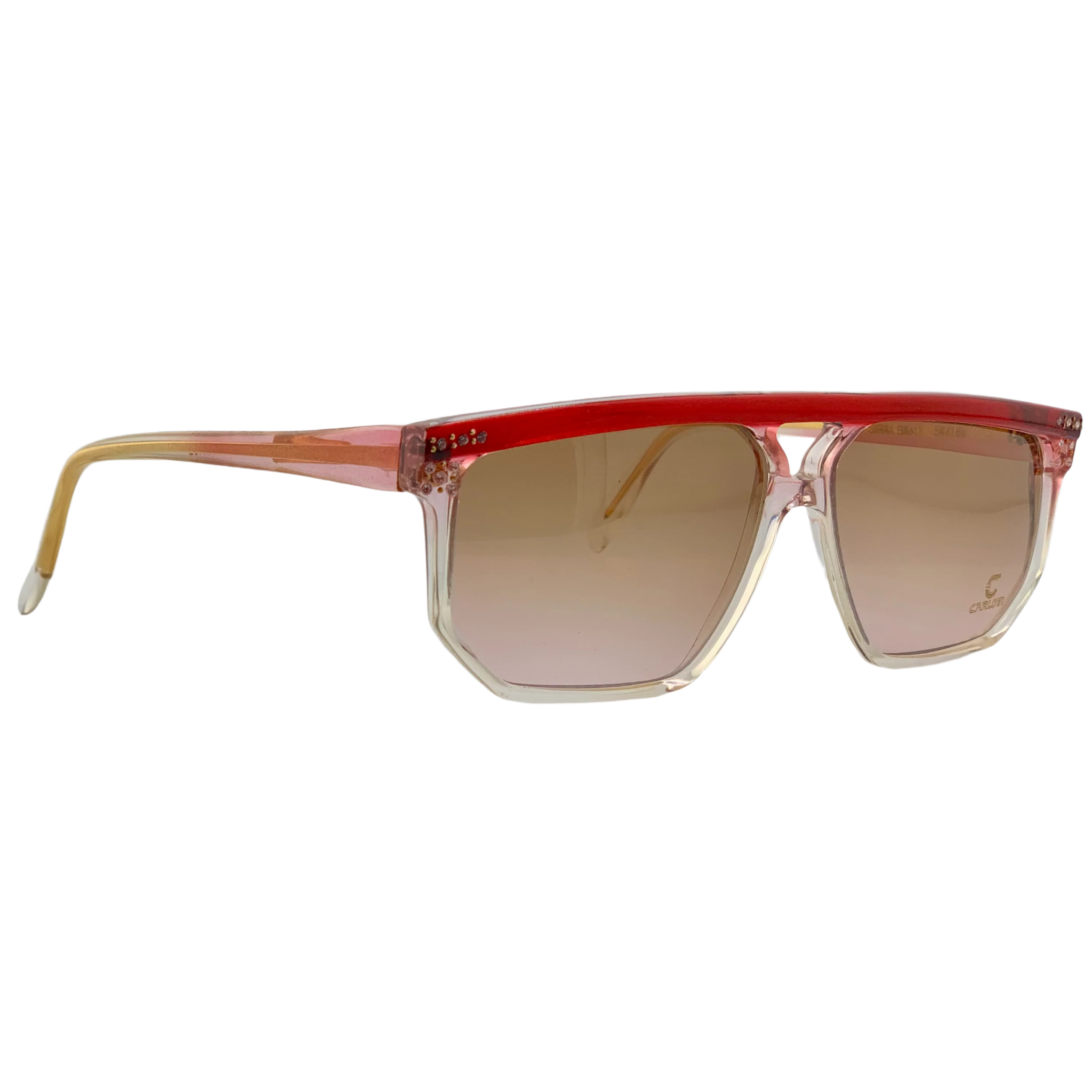 Authentic vintage Claudia Carlotti flat brow sunglasses, made for women with red/clear frame and brown lenses, hand made in France, in superb condition and never before worn or sold