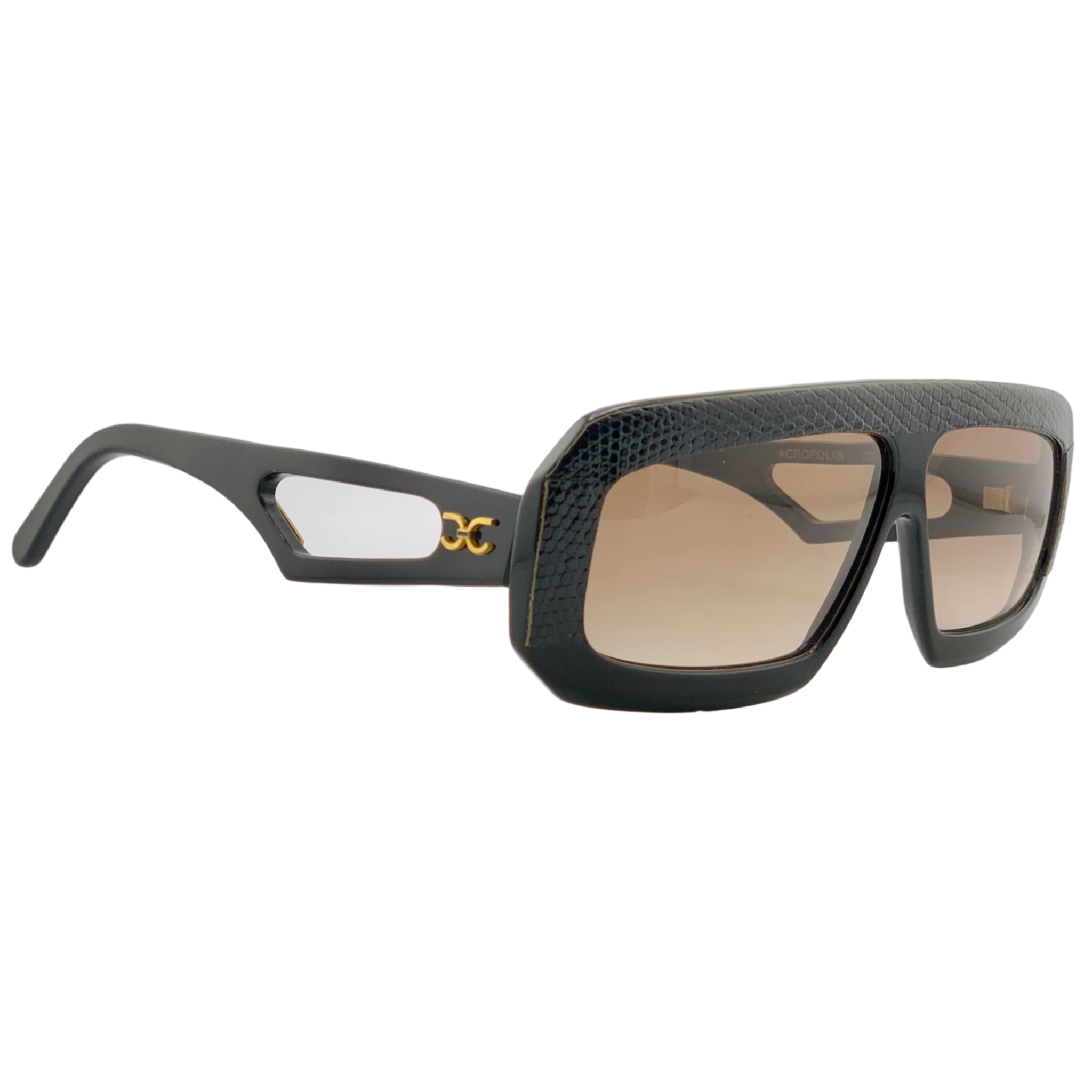 Original vintage unisex Claudia Carlotti Flat Brow Acropolis CS10 sunglasses in black, with brown lens Handmade in France, never worn