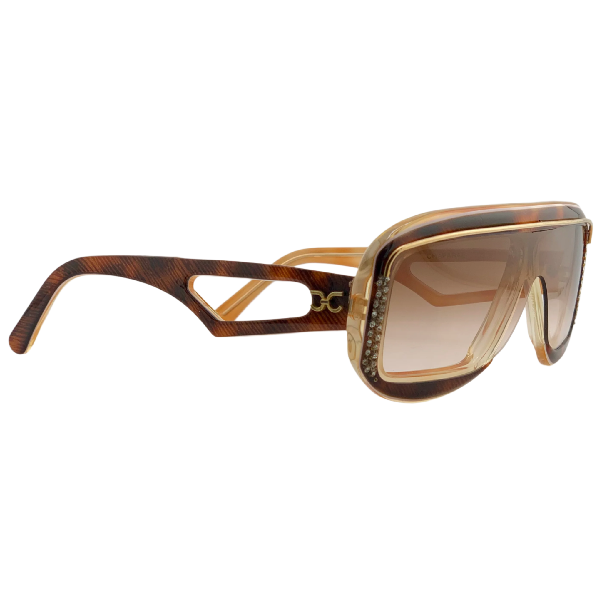 Unworn vintage Claudia Carlotti rectangle sunglasses for men and women, featuring a gold/tort frame and brown lenses Hand made in France, in superb condition