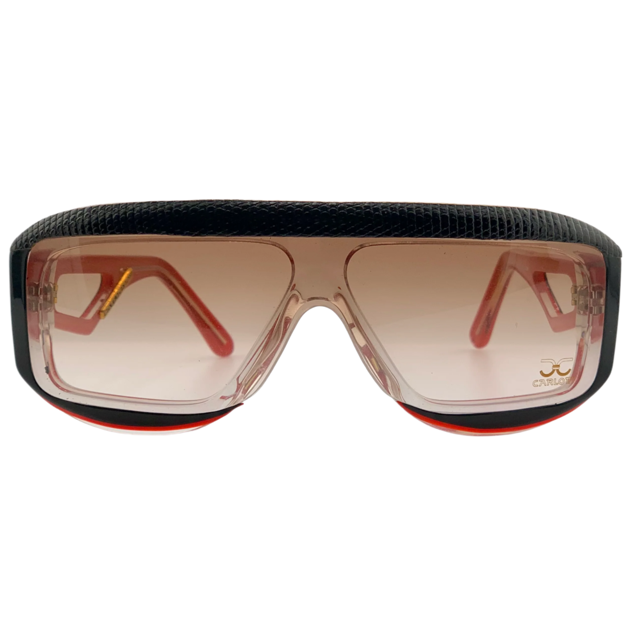 Vintage unisex Claudia Carlotti Flat Brow Chaparal CS8 sunglasses in black and red frame with brown lenses, hand made in France and in superb condition Never before worn or sold, guaranteeing authenticity and originality