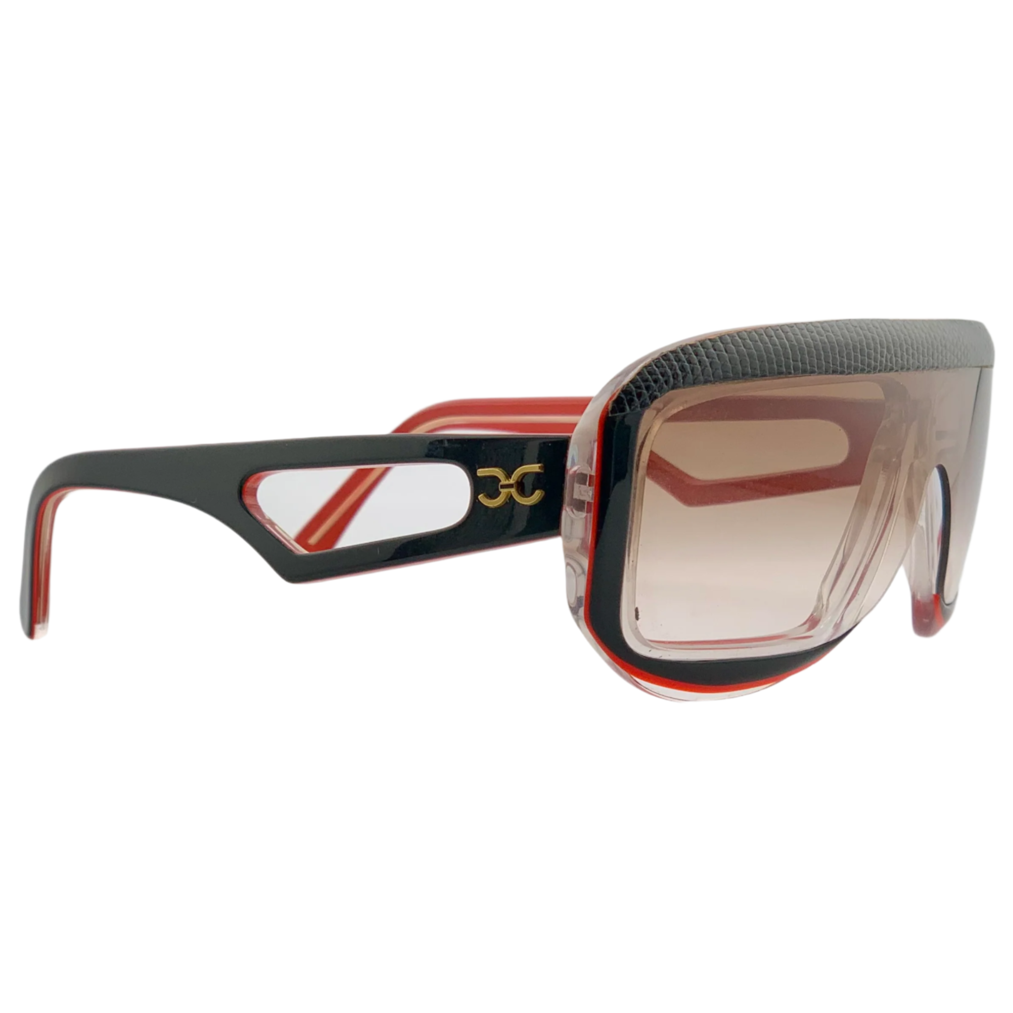 Pair of vintage Claudia Carlotti Flat Brow Chaparal CS8 sunglasses designed for both men and women Handmade in France with black and red frame and brown lenses Never worn or sold, ensuring authenticity and originality