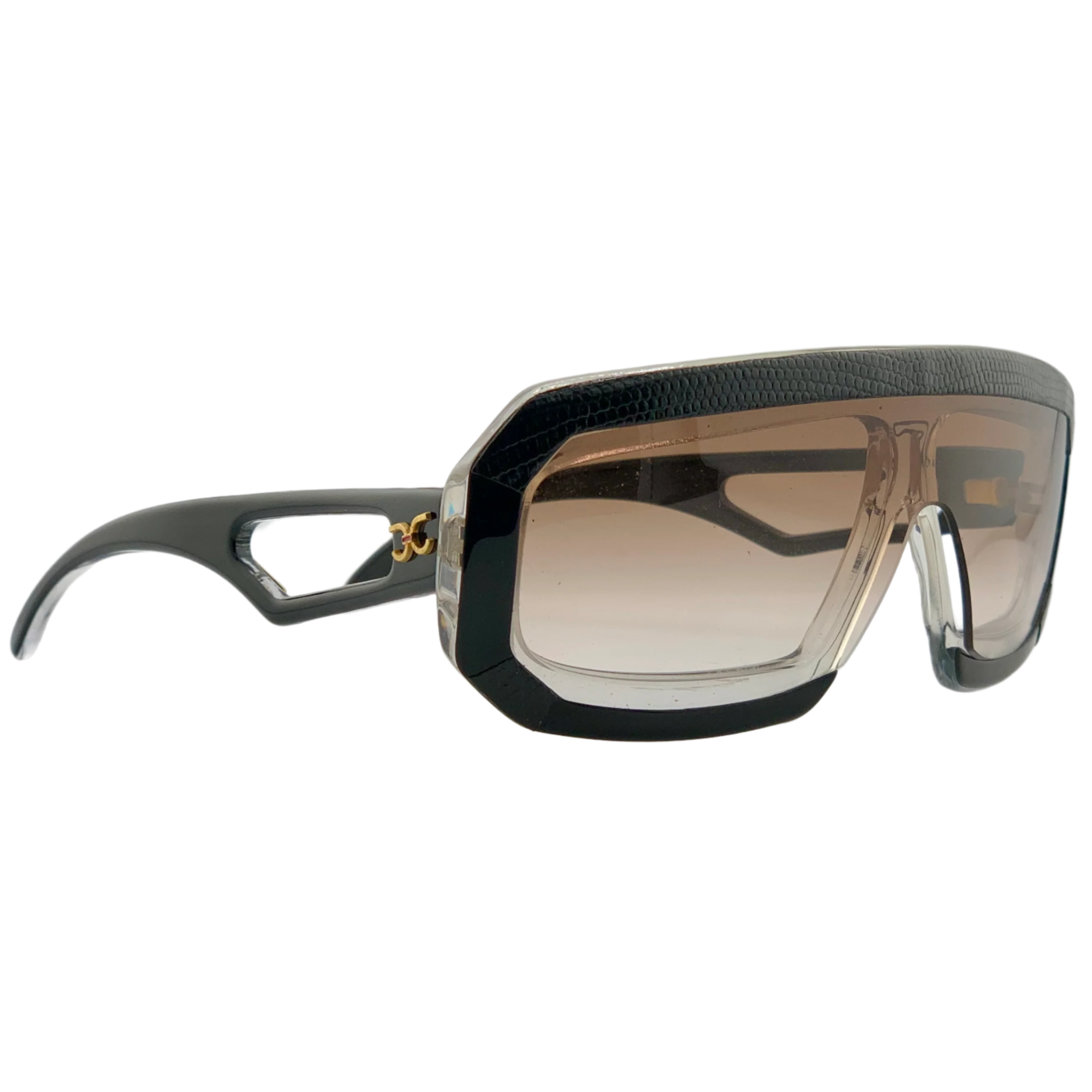 Vintage Claudia Carlotti flat brow sunglasses in black and gold frame, brown lens Hand made in France for men and women Never worn or sold, authentic original
